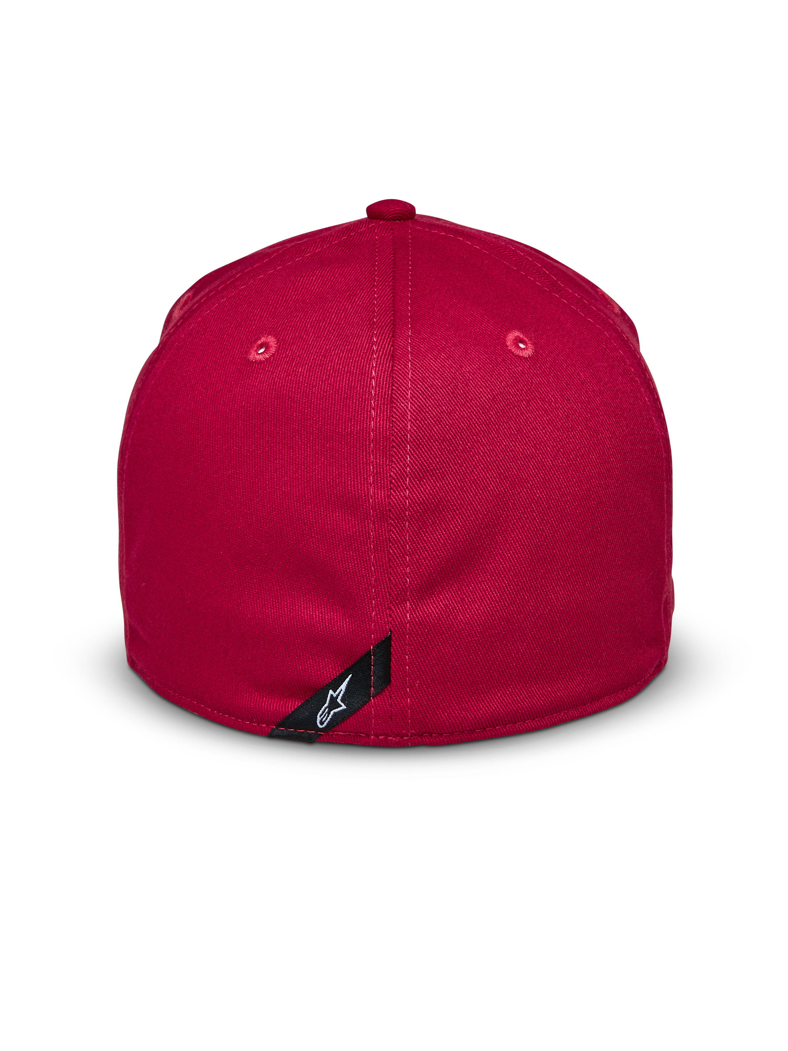 Gorra Elemental de Alpinestars, roja, vista trasera, diseño de ajuste flexible con copa estructurada, tejido de sarga elástica, con una pequeña etiqueta negra con el logotipo blanco de Alpinestars, accesorio casual inspirado en el automovilismo