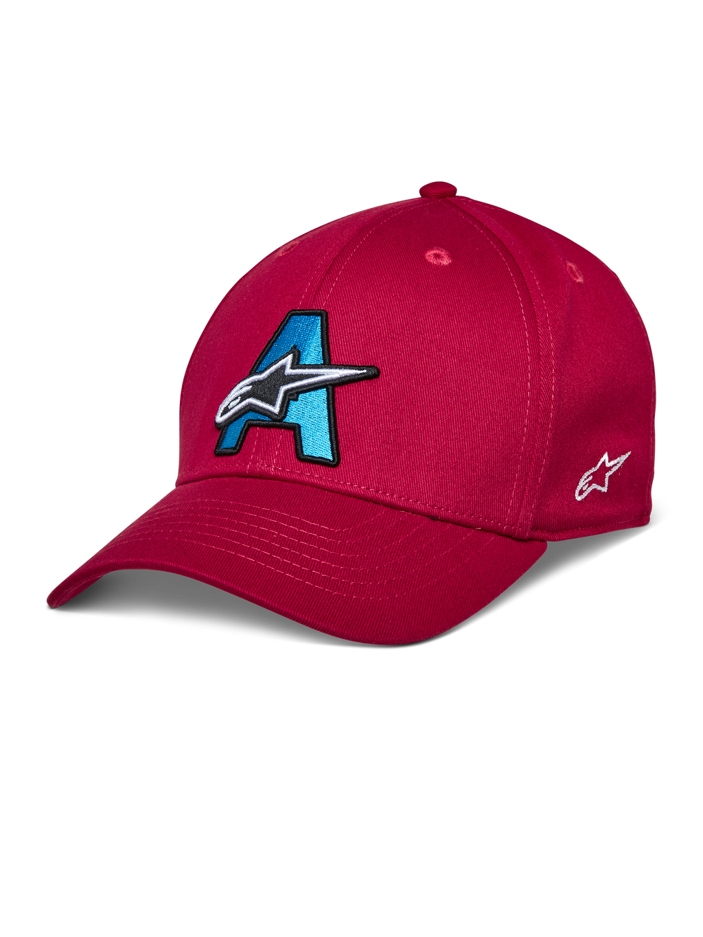 Gorra Alpinestars Elemental, gorra de béisbol roja, logotipo A bordado en 3D en azul cian y negro, diseño de estrella blanca, visera curva, copa estructurada, accesorio casual para deportes de motor