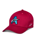 Gorra Alpinestars Elemental, gorra de béisbol roja, logotipo A bordado en 3D en azul cian y negro, diseño de estrella blanca, visera curva, copa estructurada, accesorio casual para deportes de motor