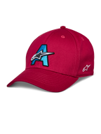 Gorra Alpinestars Elemental, gorra de béisbol roja, logotipo A bordado en 3D en azul cian y negro, diseño de estrella blanca, visera curva, copa estructurada, accesorio casual para deportes de motor