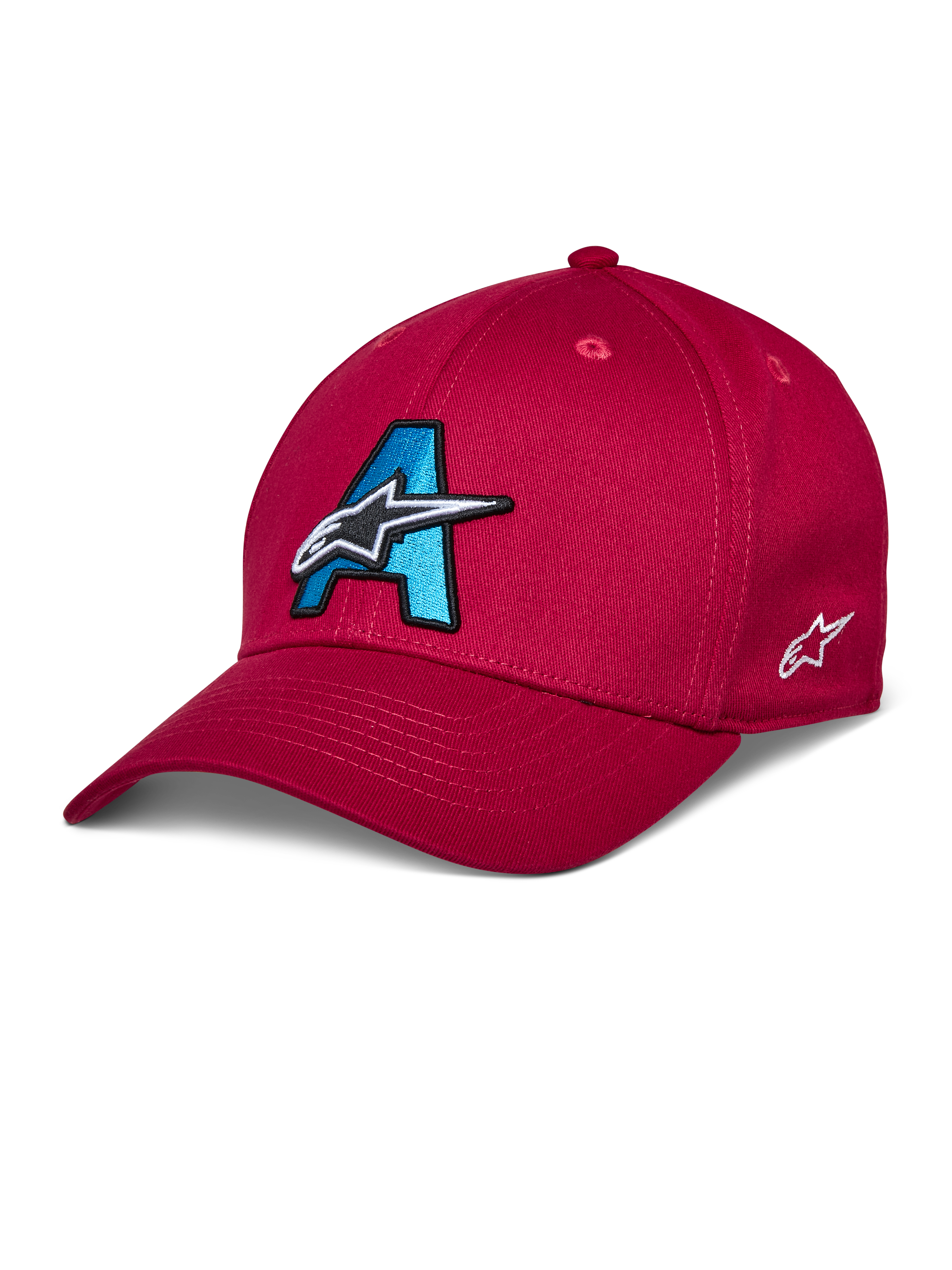 Gorra Alpinestars Elemental, gorra de béisbol roja, logotipo A bordado en 3D en azul cian y negro, diseño de estrella blanca, visera curva, copa estructurada, accesorio casual para deportes de motor