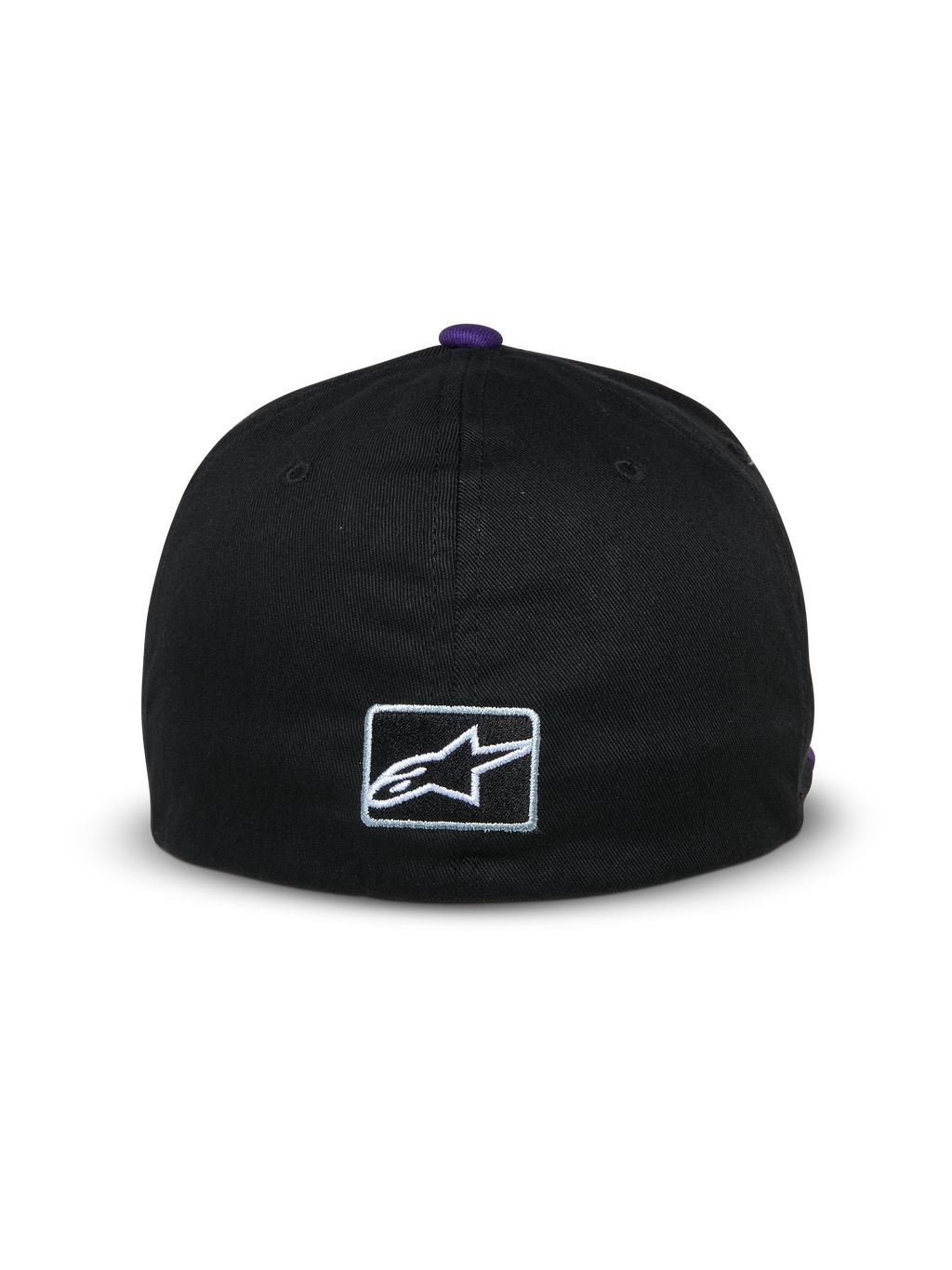 Gorra Alpinestars Franchise, vista trasera de una gorra de béisbol negra, botón morado en la parte superior, pequeño logo Astars bordado en blanco en la parte trasera, diseño de ajuste elástico flexible, estilo casual inspirado en el motociclismo