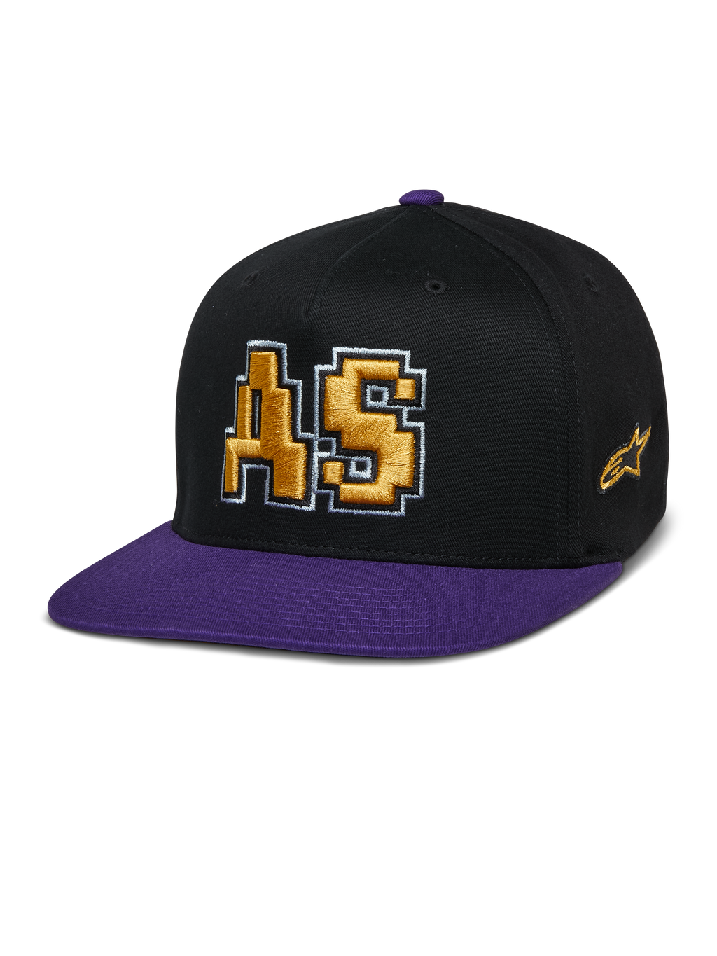 Alpinestars Franchise Hat, gorra de visera plana en negro y morado, logo AS bordado en 3D en dorado con contorno blanco, visera y botón superior morados, diseño estructurado Flex Fit