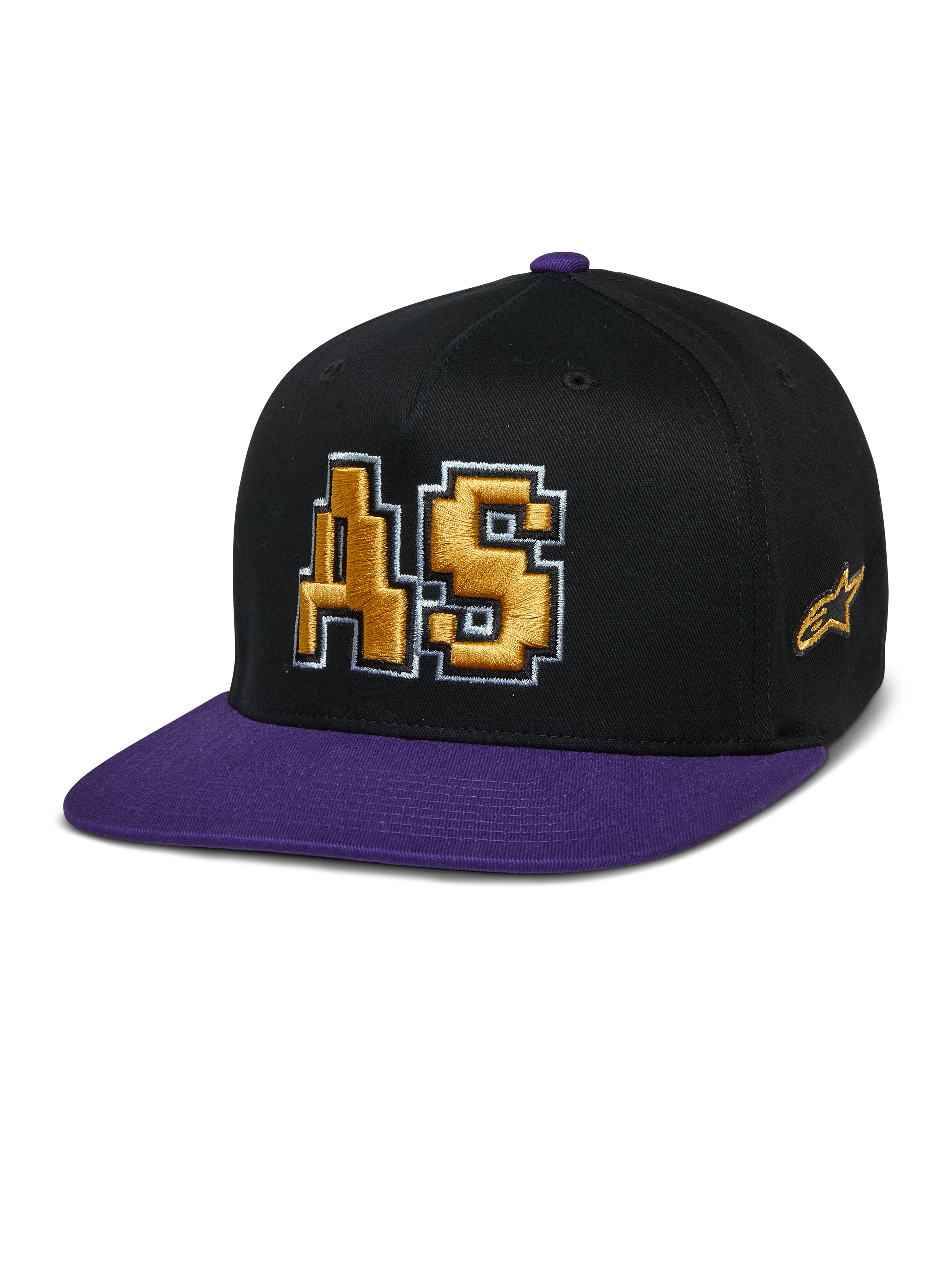 Alpinestars Franchise Hat, gorra de visera plana en negro y morado, logo AS bordado en 3D en dorado con contorno blanco, visera y botón superior morados, diseño estructurado Flex Fit