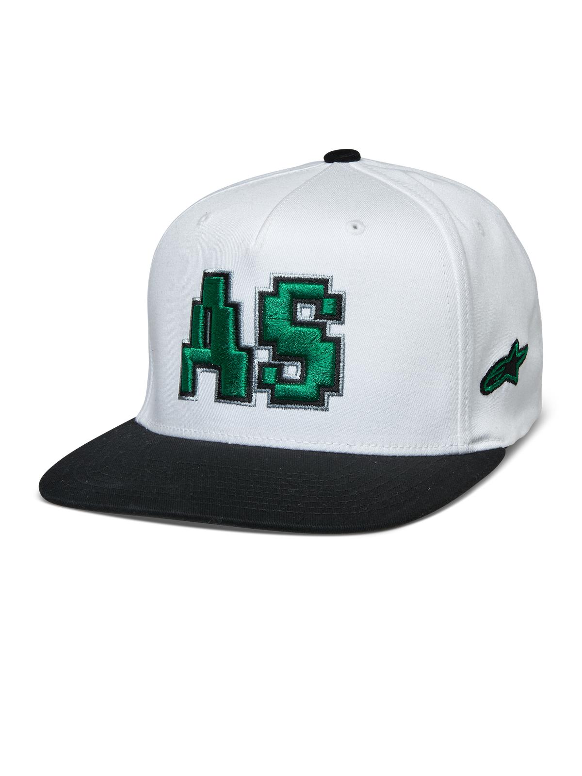 Gorra Alpinestars Franchise, copa blanca con visera plana negra, logotipo AS bordado en 3D en verde, gorra de béisbol con ajuste flexible, accesorio lifestyle de motorsport