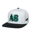 Gorra Alpinestars Franchise, copa blanca con visera plana negra, logotipo AS bordado en 3D en verde, gorra de béisbol con ajuste flexible, accesorio lifestyle de motorsport