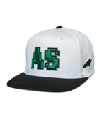 Gorra Alpinestars Franchise, copa blanca con visera plana negra, logotipo AS bordado en 3D en verde, gorra de béisbol con ajuste flexible, accesorio lifestyle de motorsport