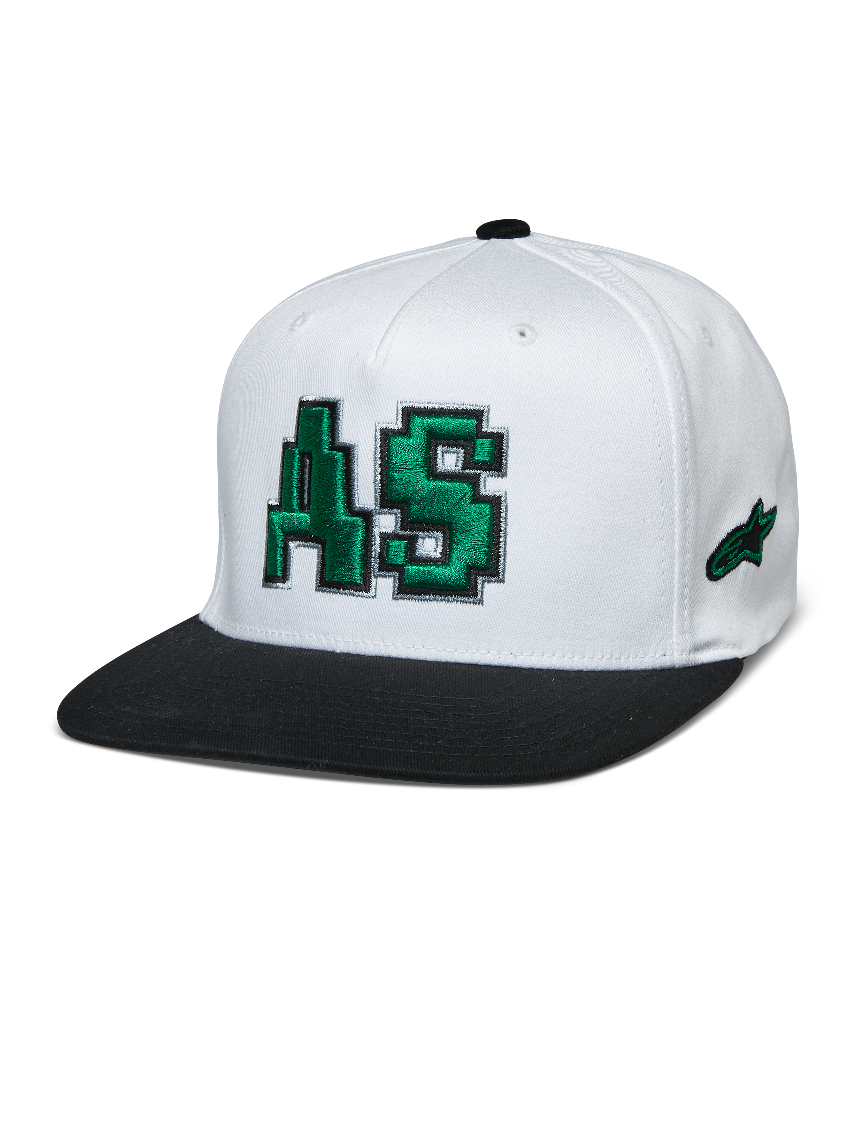 Gorra Alpinestars Franchise, copa blanca con visera plana negra, logotipo AS bordado en 3D en verde, gorra de béisbol con ajuste flexible, accesorio lifestyle de motorsport