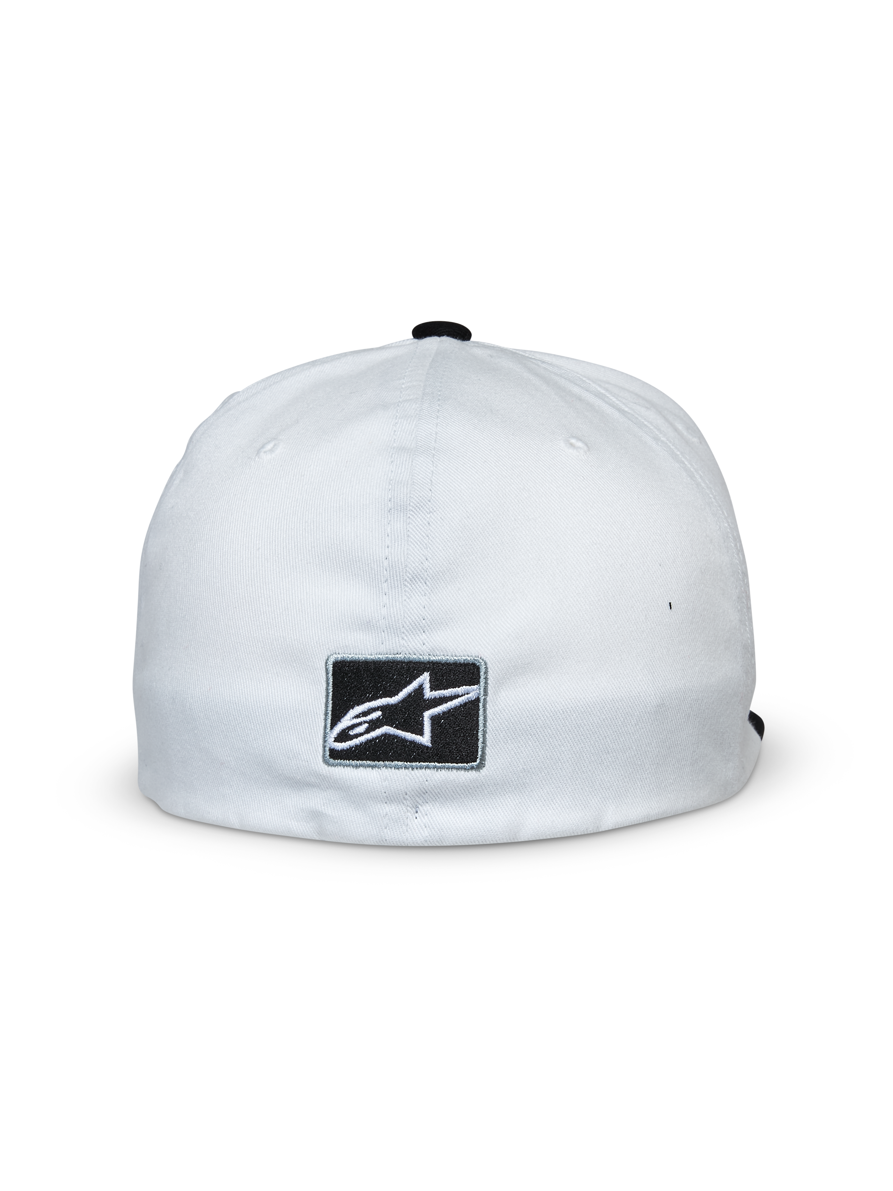 Gorra Alpinestars Franchise, blanca y negra, vista trasera con un parche rectangular negro y logo de estrella Alpinestars en blanco, diseño de parte trasera flexible, accesorio casual inspirado en el motociclismo.