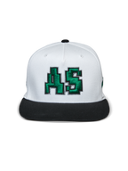 Gorra Alpinestars Franchise, gorra de visera plana, blanca y negra, logo AS bordado en 3D color verde en la parte frontal, corona estructurada con visera plana negra, accesorio casual inspirado en el automovilismo