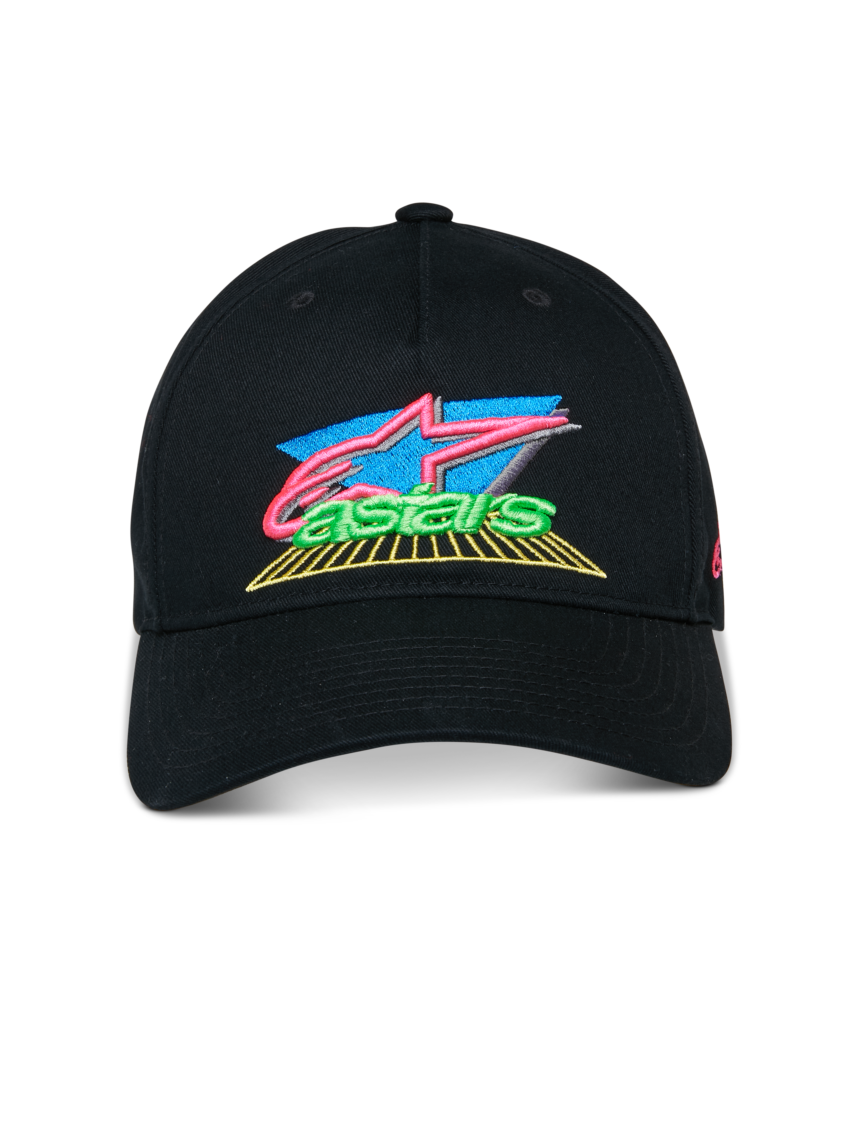 Gorra Alpinestars Vivid, negra, gorra de béisbol con visera curva, logotipo bordado en 3D vibrante con detalles en rosa, azul y verde, corona baja semiestructurada, estilo casual de automovilismo urbano