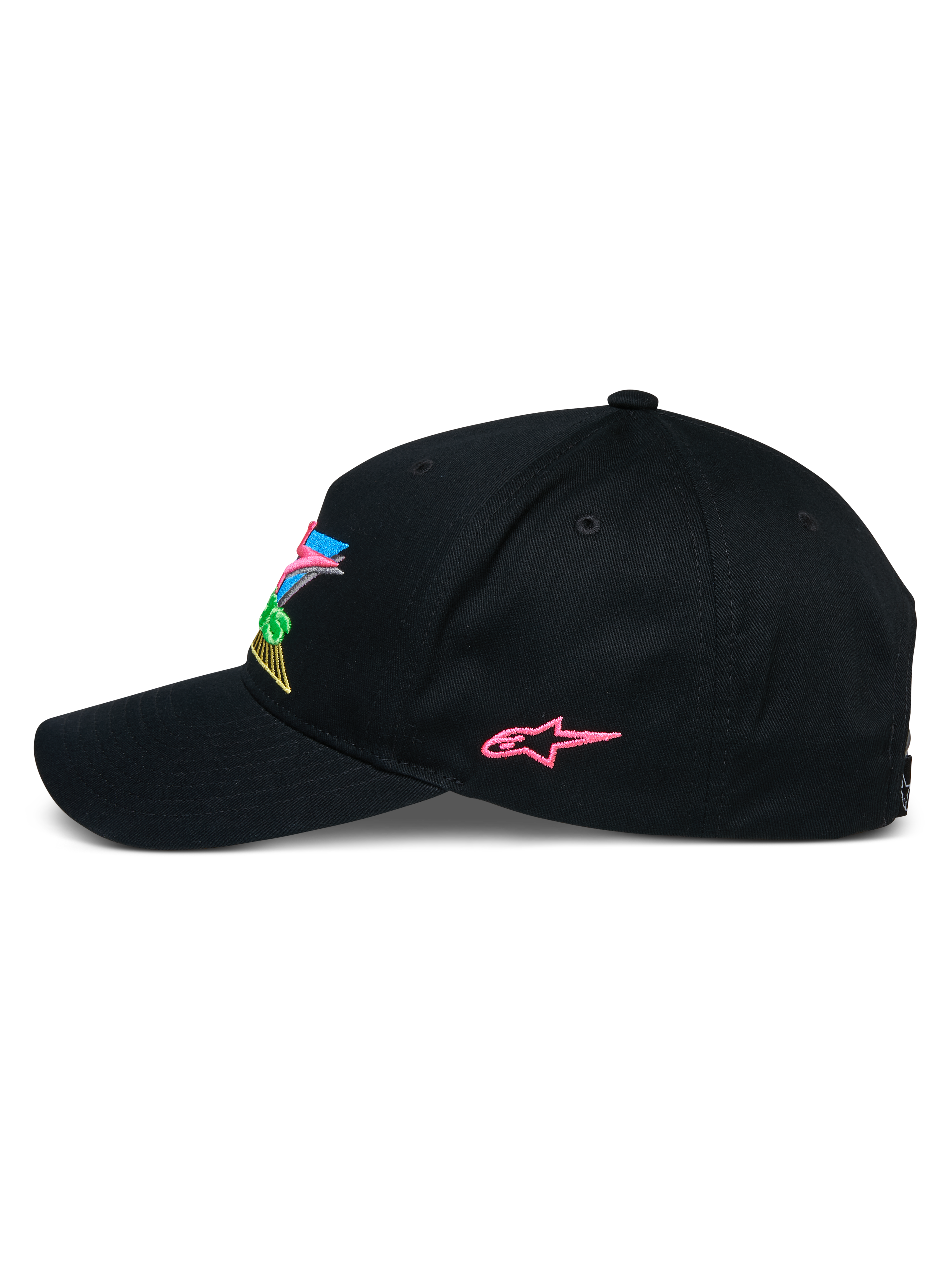 Alpinestars Vivid Hat, gorra de béisbol negra con cierre de presión, perfil lateral con logotipo de estrella bordado en rosa y marca frontal colorida en 3D, visera curva, estilo urbano casual inspirado en el automovilismo