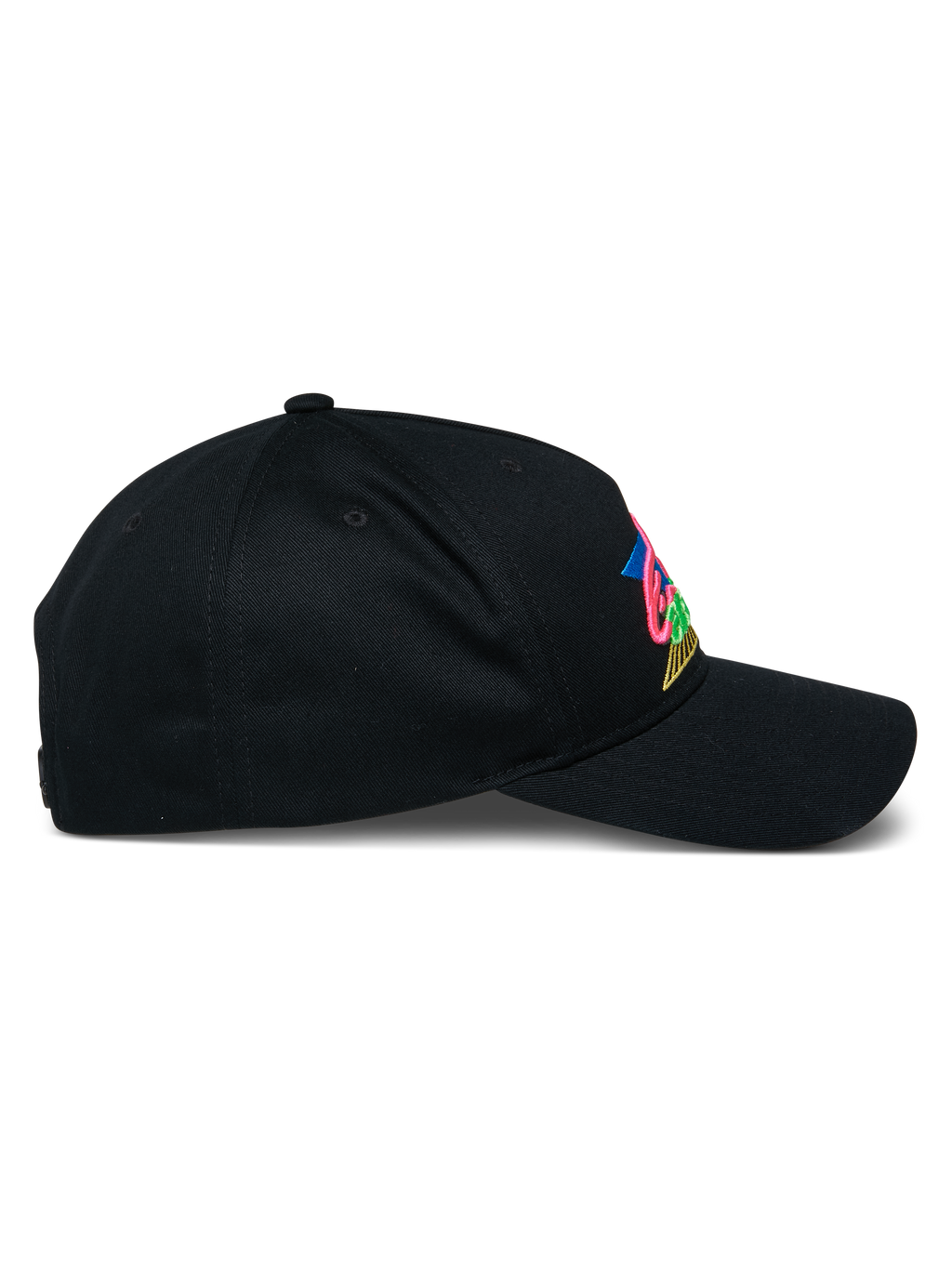 Alpinestars Vivid Hat, gorra de béisbol negra, vista lateral con visera curva y corona semiestructurada, logotipo colorido bordado en 3D en la parte delantera, estilo urbano casual de sarga de algodón