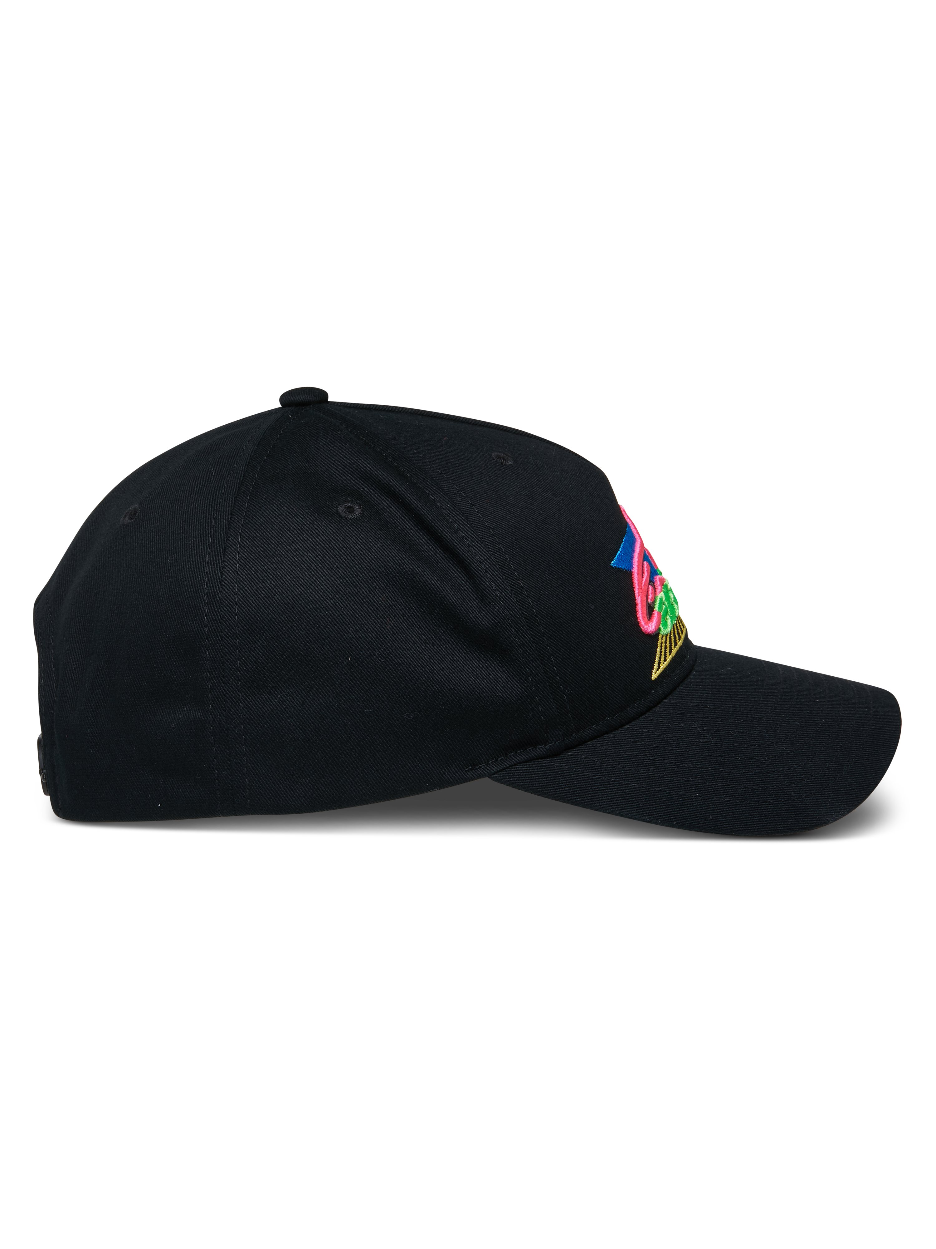 Alpinestars Vivid Hat, gorra de béisbol negra, vista lateral con visera curva y corona semiestructurada, logotipo colorido bordado en 3D en la parte delantera, estilo urbano casual de sarga de algodón