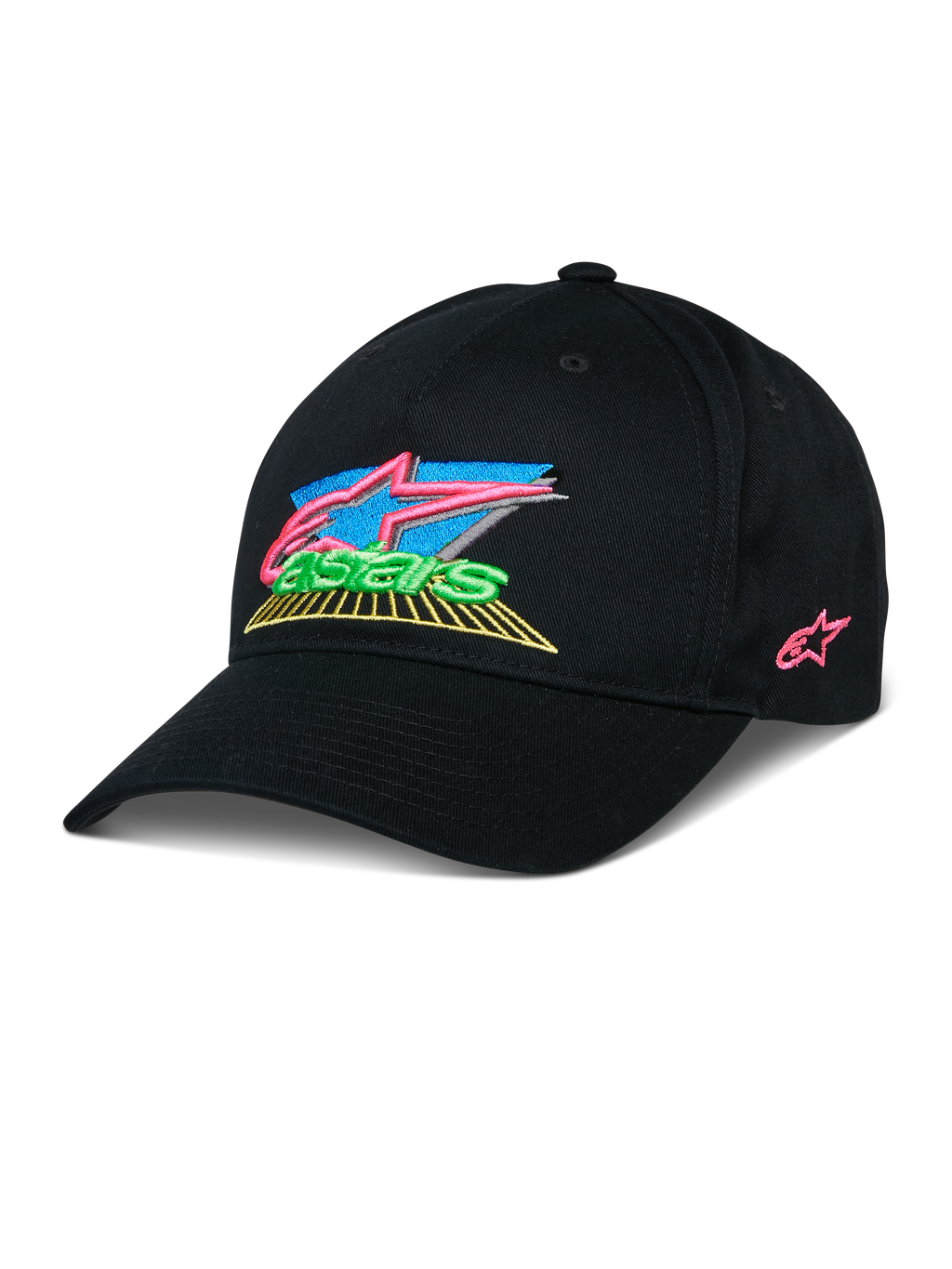 Gorra Alpinestars Vivid, gorra de béisbol negra con logotipo bordado en 3D colorido, con detalles vibrantes en rosa, azul, verde y amarillo, visera curva estructurada, estilo urbano casual inspirado en el automovilismo
