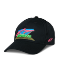 Gorra Alpinestars Vivid, gorra de béisbol negra con logotipo bordado en 3D colorido, con detalles vibrantes en rosa, azul, verde y amarillo, visera curva estructurada, estilo urbano casual inspirado en el automovilismo