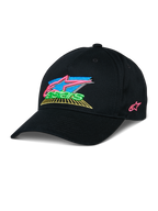 Gorra Alpinestars Vivid, gorra de béisbol negra con logotipo bordado en 3D colorido, con detalles vibrantes en rosa, azul, verde y amarillo, visera curva estructurada, estilo urbano casual inspirado en el automovilismo