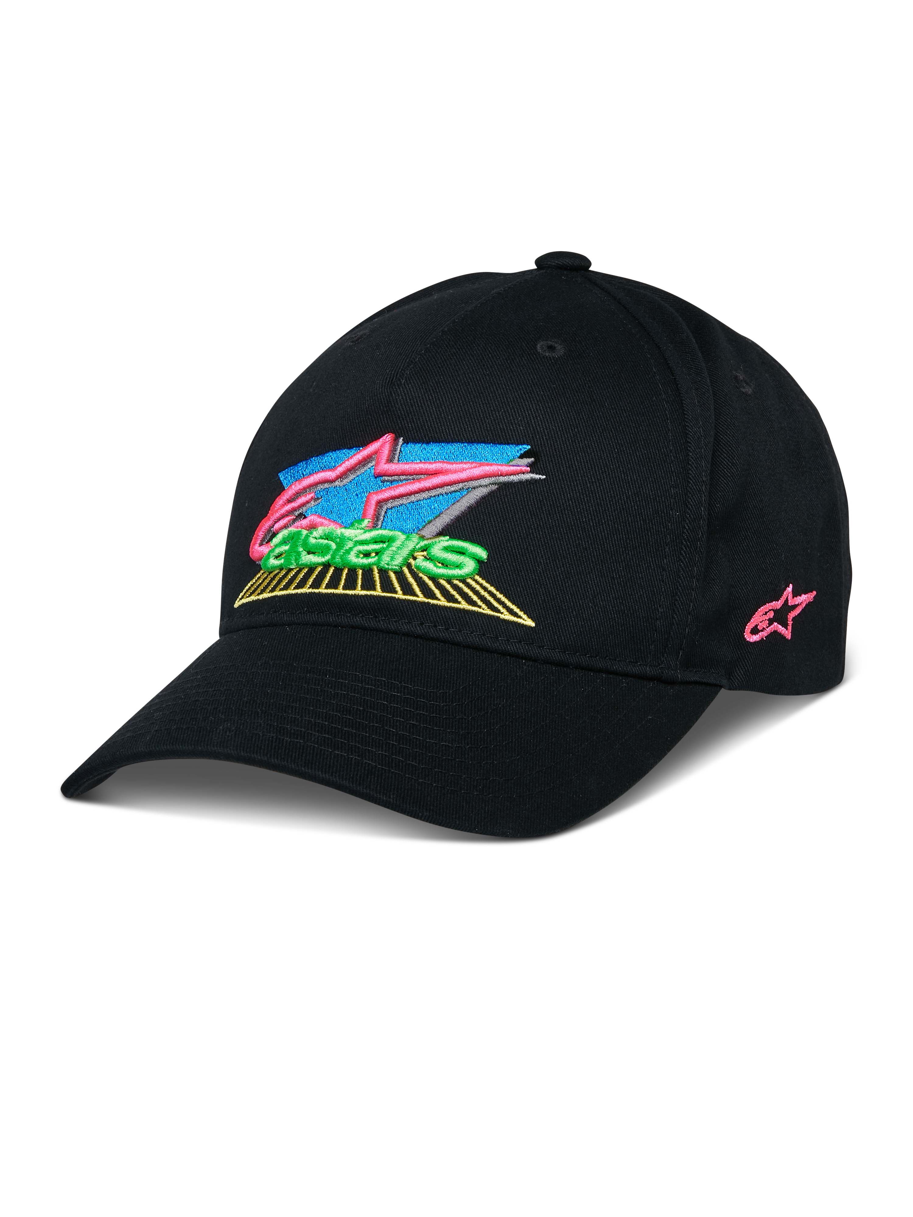 Gorra Alpinestars Vivid, gorra de béisbol negra con logotipo bordado en 3D colorido, con detalles vibrantes en rosa, azul, verde y amarillo, visera curva estructurada, estilo urbano casual inspirado en el automovilismo