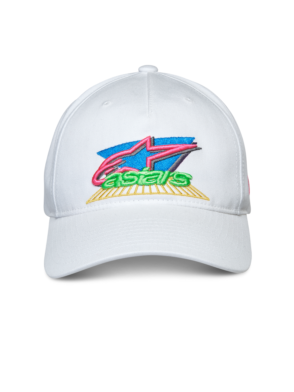 Gorra Alpinestars Vivid, blanca, gorra snapback con visera curva, bordado frontal de logotipo colorido en 3D y plano, ropa deportiva casual