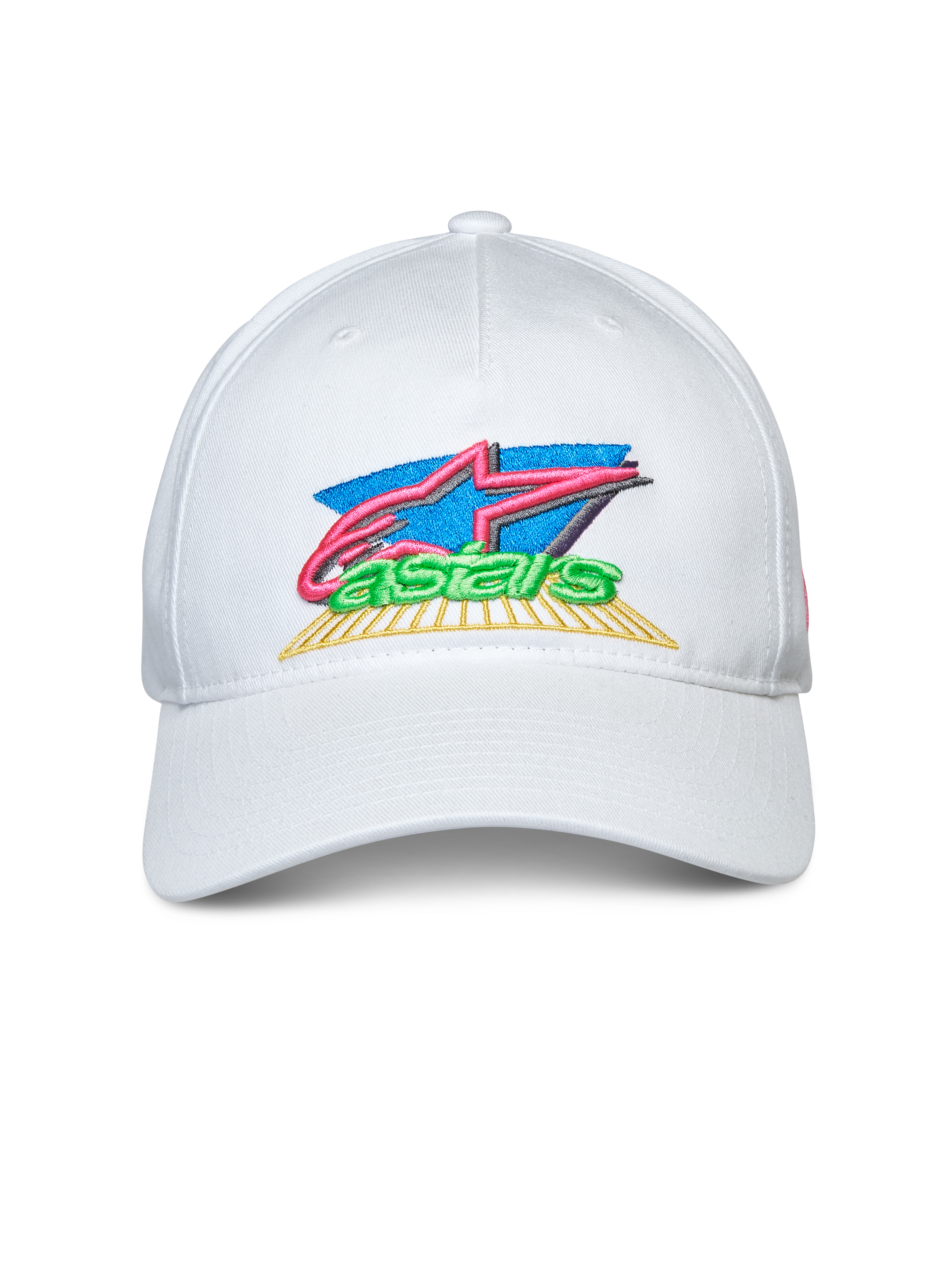Gorra Alpinestars Vivid, blanca, gorra snapback con visera curva, bordado frontal de logotipo colorido en 3D y plano, ropa deportiva casual