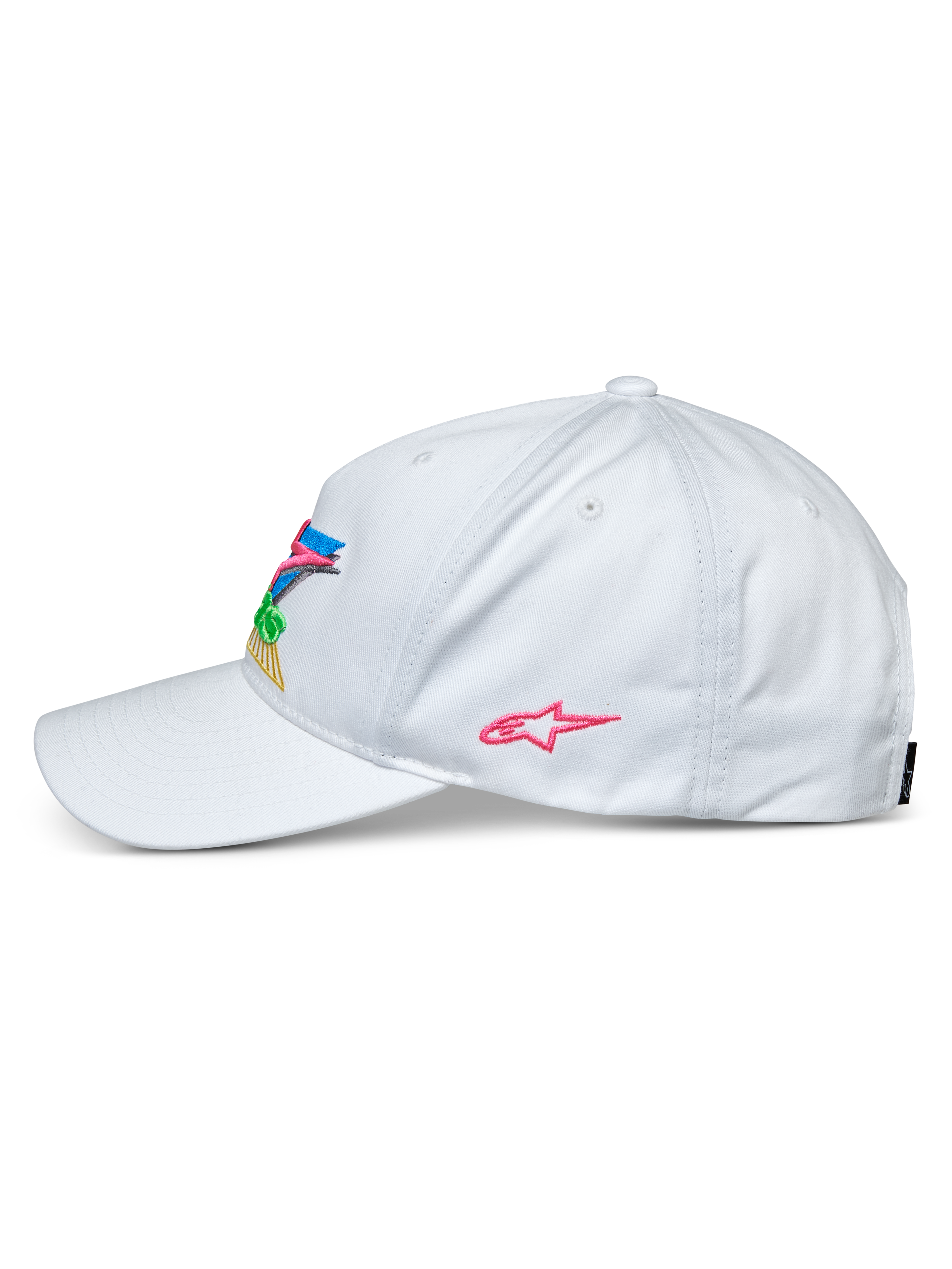 Alpinestars Gorra Vivid, blanca, vista lateral de una gorra de béisbol, visera curvada y copa baja semiestructurada, con bordado 3D colorido en el frente y un logo de estrella rosa en el lateral, accesorio deportivo casual