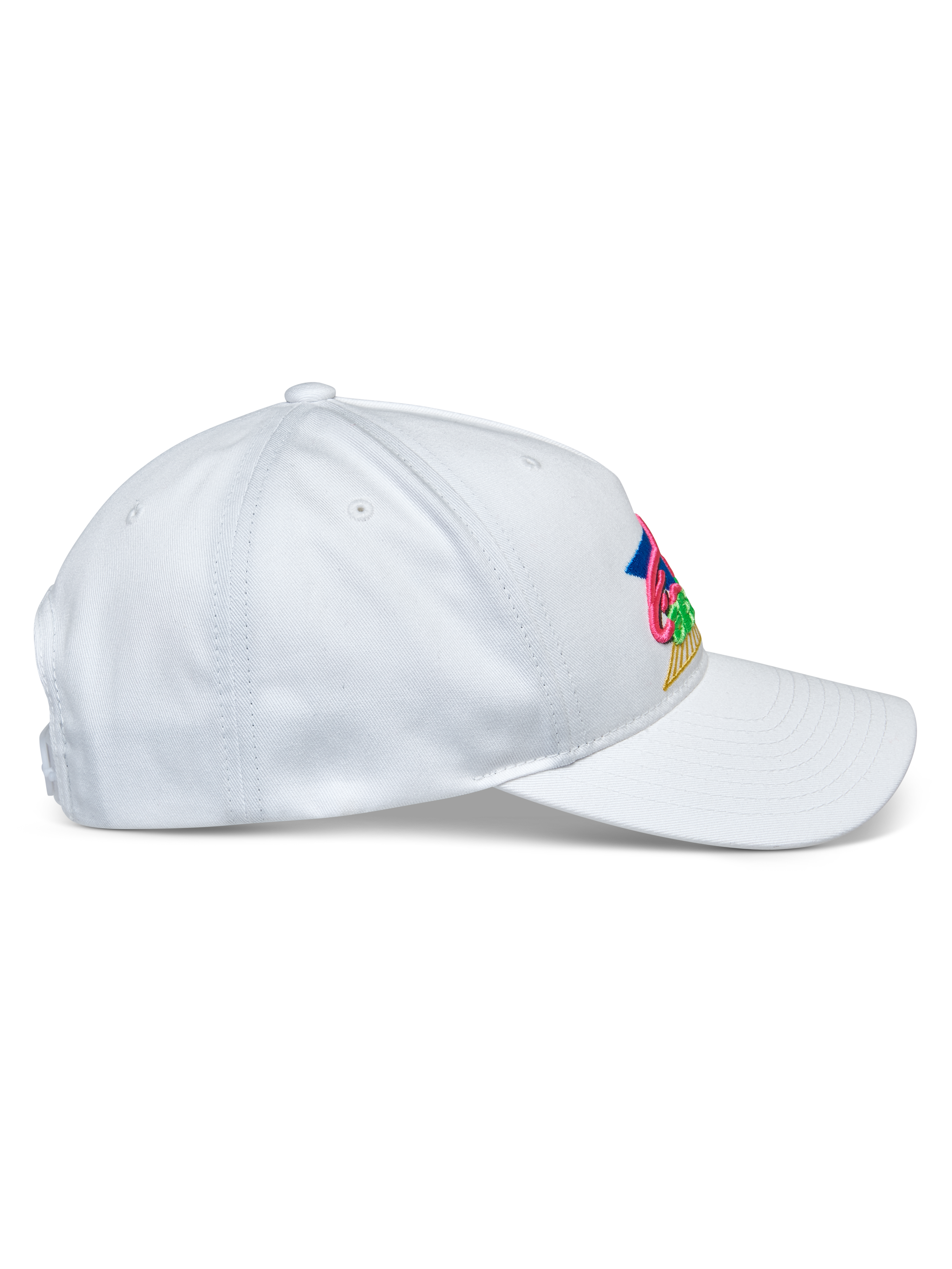 Gorra Alpinestars Vivid, blanca, vista de perfil, gorra de béisbol de copa baja semiestructurada con visera curva, tejido de sarga de algodón, con un vibrante bordado multicolor en la parte frontal, accesorio de estilo deportivo casual