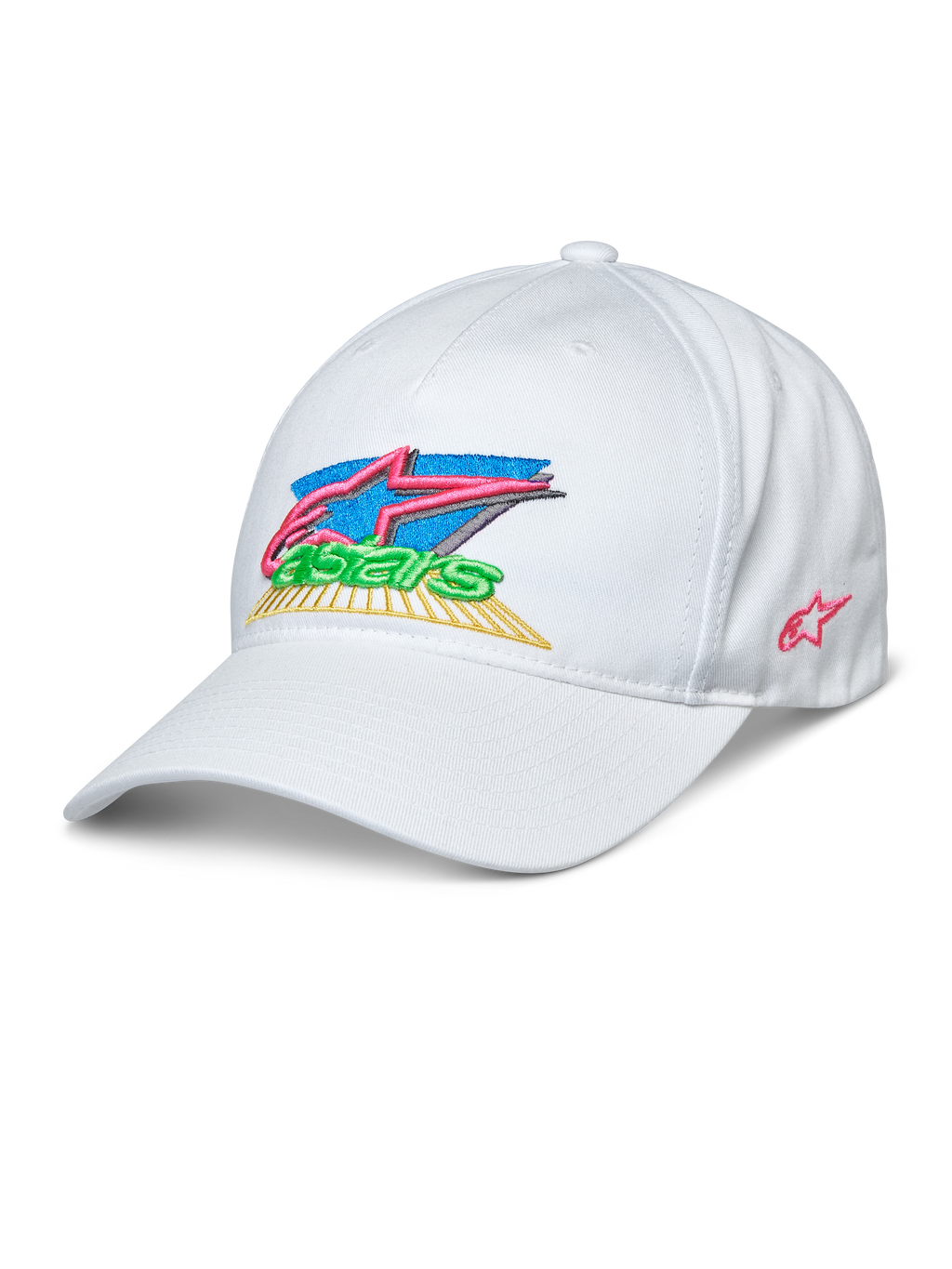 Alpinestars Vivid Hat, gorra de béisbol blanca, logotipo Astars colorido bordado en 3D con rosa, azul, verde y amarillo, visera curva, corona baja semiestructurada, ropa deportiva casual