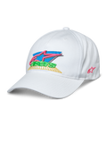 Alpinestars Vivid Hat, gorra de béisbol blanca, logotipo Astars colorido bordado en 3D con rosa, azul, verde y amarillo, visera curva, corona baja semiestructurada, ropa deportiva casual