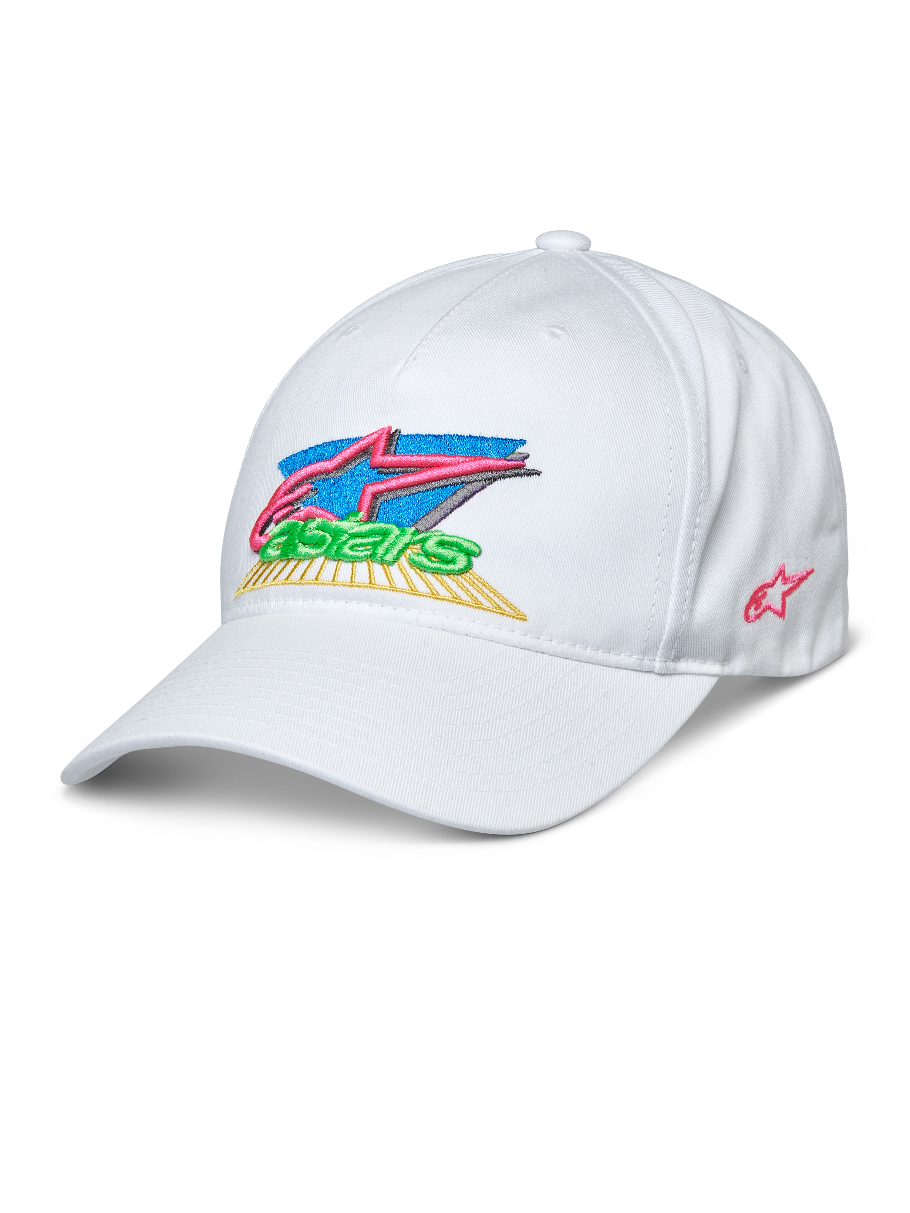 Alpinestars Vivid Hat, gorra de béisbol blanca, logotipo Astars colorido bordado en 3D con rosa, azul, verde y amarillo, visera curva, corona baja semiestructurada, ropa deportiva casual
