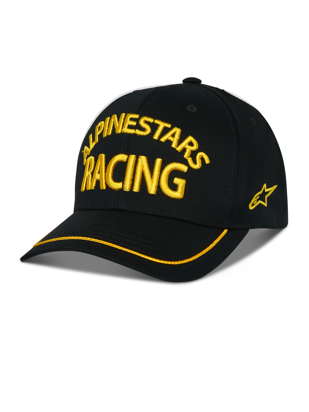 Gorra Alpinestars Luminary, gorra de béisbol negra, bordado 3D amarillo "ALPINESTARS RACING", visera curva con ribete amarillo, logo de estrella lateral, ropa urbana casual de estilo automovilismo