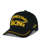 Gorra Alpinestars Luminary, gorra de béisbol negra, bordado 3D amarillo "ALPINESTARS RACING", visera curva con ribete amarillo, logo de estrella lateral, ropa urbana casual de estilo automovilismo