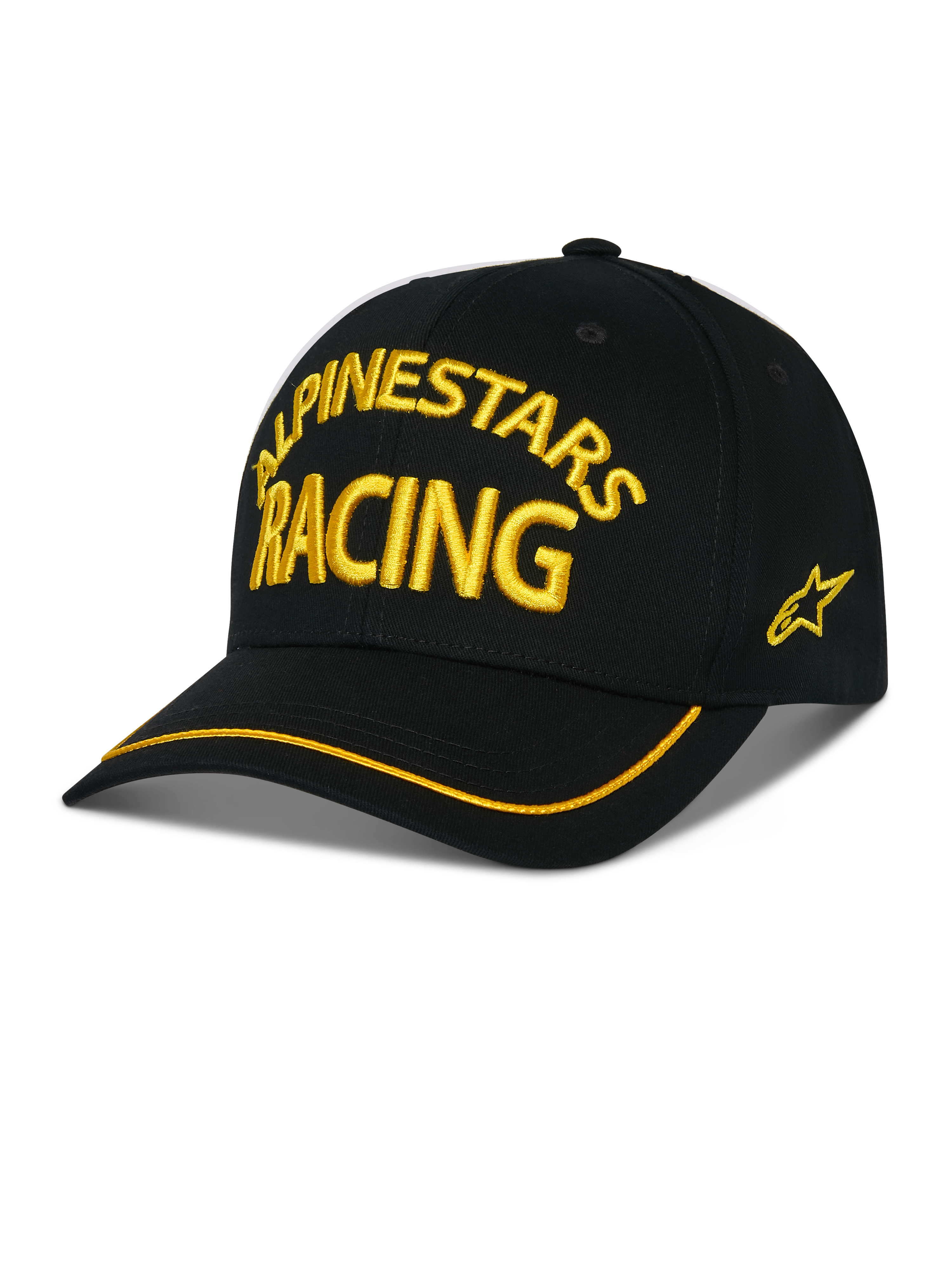 Alpinestars Luminary Hat, Black Baseball Cap, Yellow ALPINESTARS RACING 3D Embroidery, Curved Brim with Yellow Trim, Side Star Logo, Casual Motorsport Streetwear