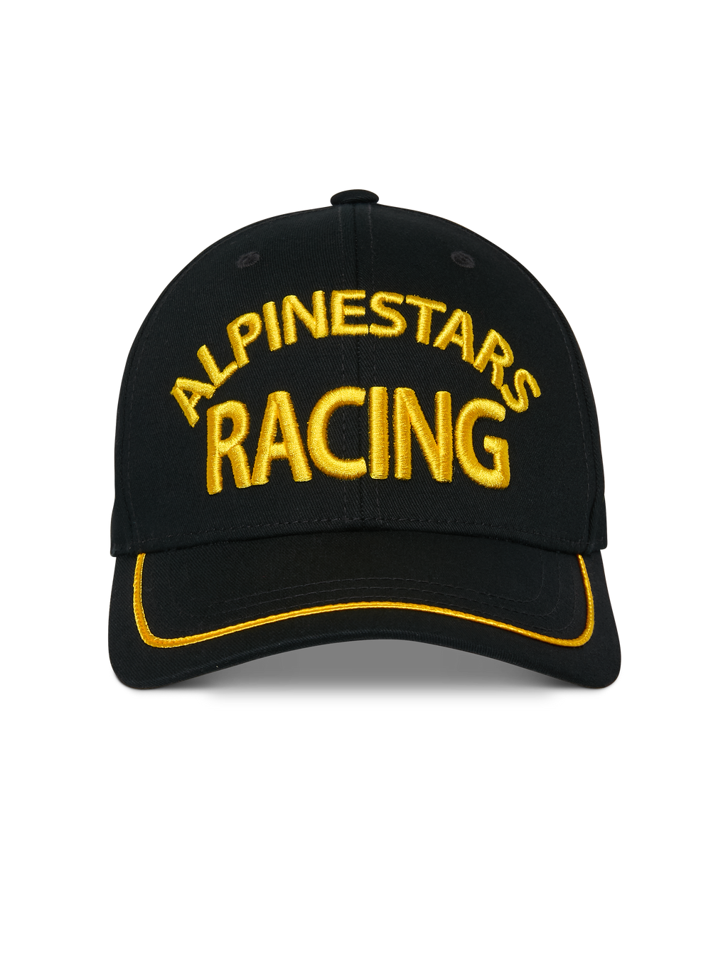Gorra Alpinestars Luminary, gorra snapback negra, bordado frontal 3D Alpinestars Racing en amarillo, visera curva con ribete de sutache amarillo, accesorio casual de estilo motorsport