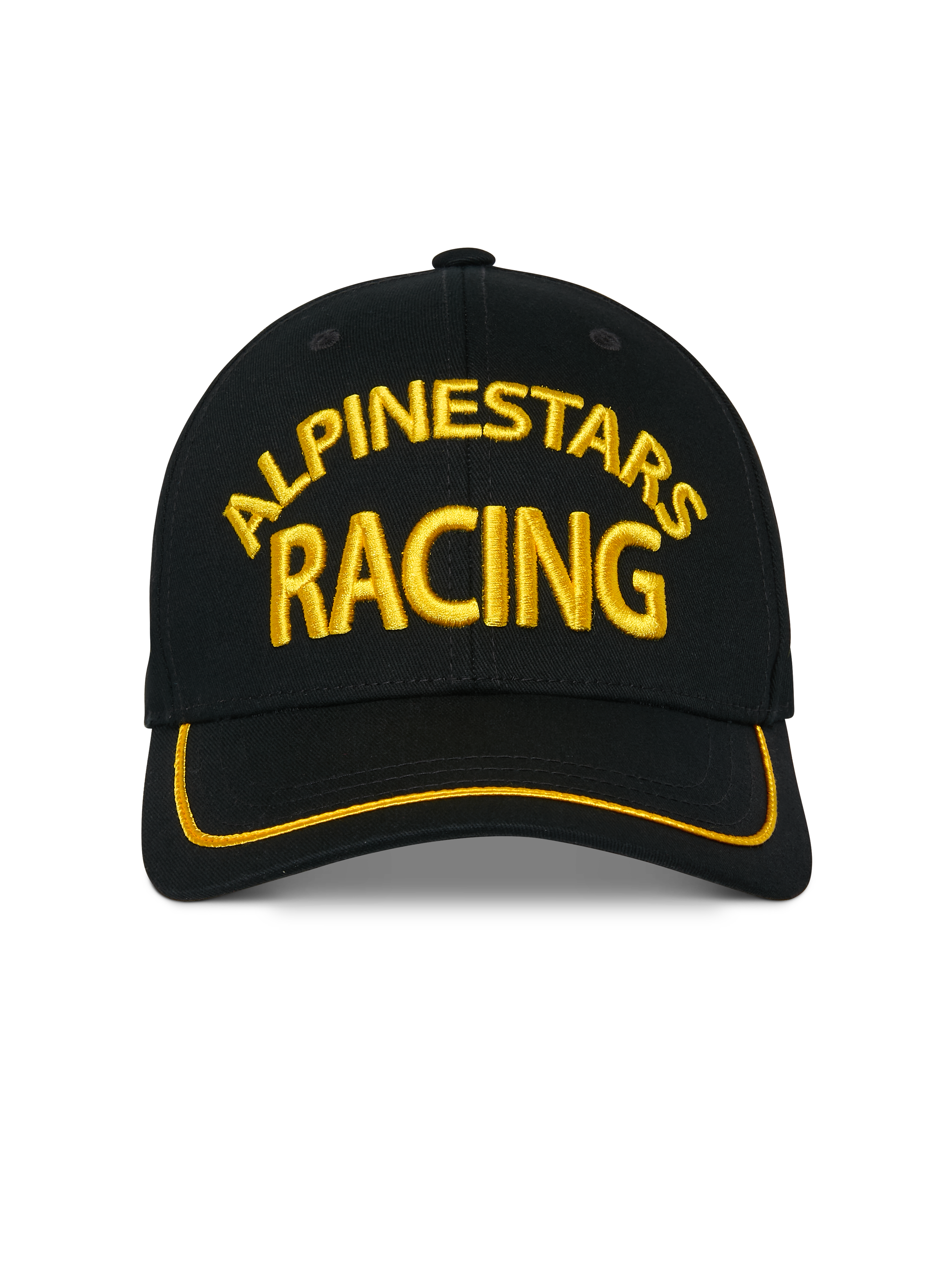 Gorra Alpinestars Luminary, gorra snapback negra, bordado frontal 3D Alpinestars Racing en amarillo, visera curva con ribete de sutache amarillo, accesorio casual de estilo motorsport