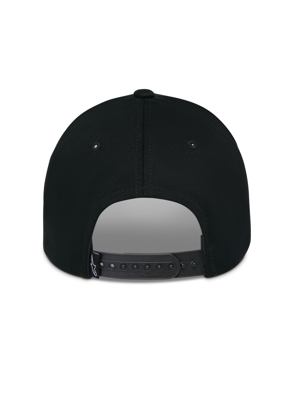 Gorra Alpinestars Luminary, negra, vista trasera que muestra el cierre ajustable a presión y la pequeña etiqueta con el logo tejido, corona de algodón estructurada, accesorio casual inspirado en el automovilismo