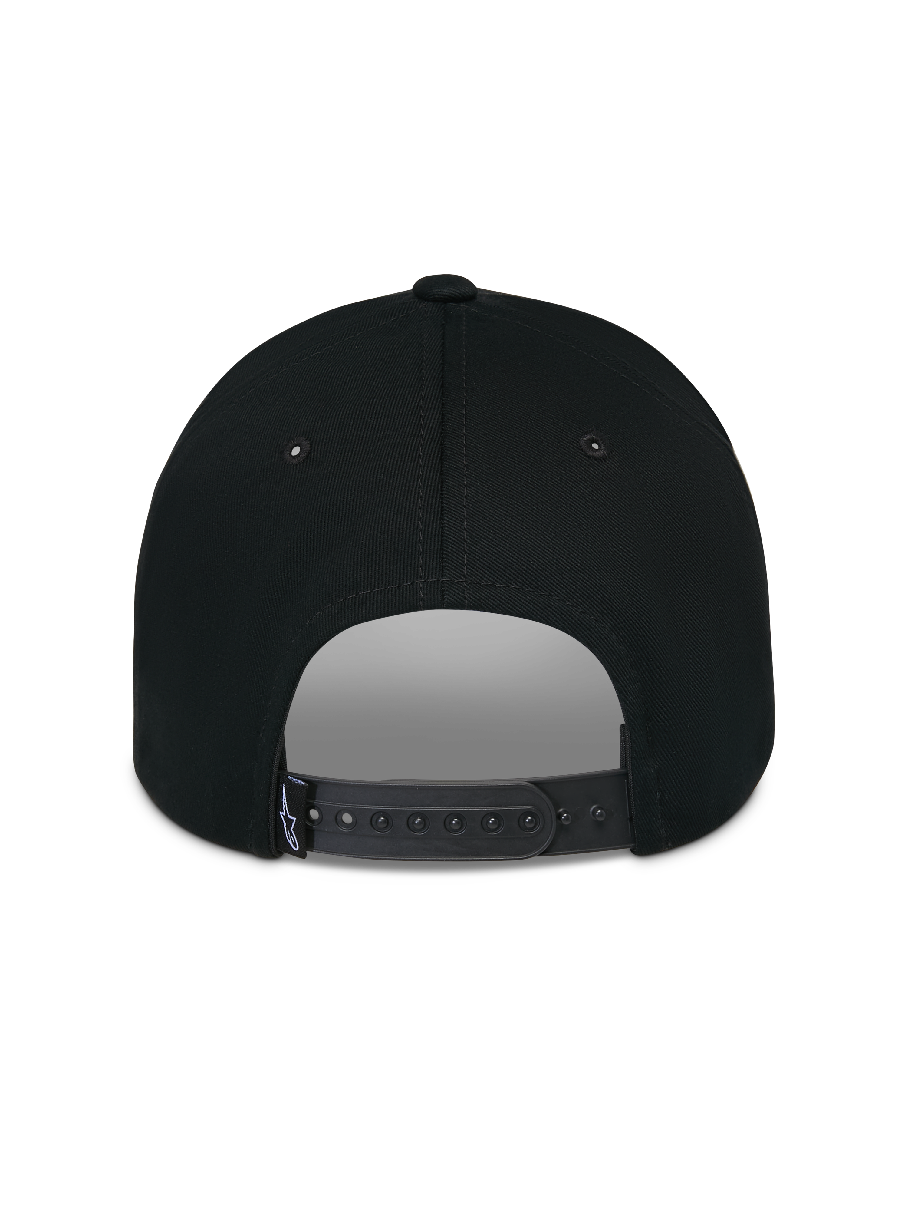 Gorra Alpinestars Luminary, negra, vista trasera que muestra el cierre ajustable a presión y la pequeña etiqueta con el logo tejido, corona de algodón estructurada, accesorio casual inspirado en el automovilismo