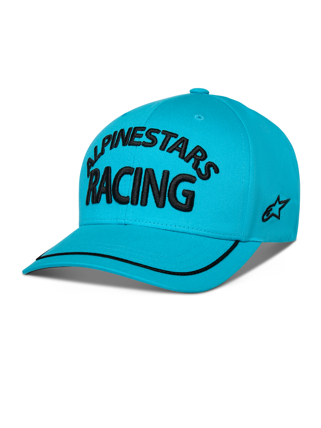 Gorra Alpinestars Luminary, snapback de visera curva en azul aqua, con texto 'ALPINESTARS RACING' bordado en 3D en negro, logo lateral bordado plano y ribete de sutache negro en la visera, accesorio casual inspirado en el motorsport.