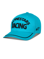 Gorra Alpinestars Luminary, snapback de visera curva en azul aqua, con texto 'ALPINESTARS RACING' bordado en 3D en negro, logo lateral bordado plano y ribete de sutache negro en la visera, accesorio casual inspirado en el motorsport.