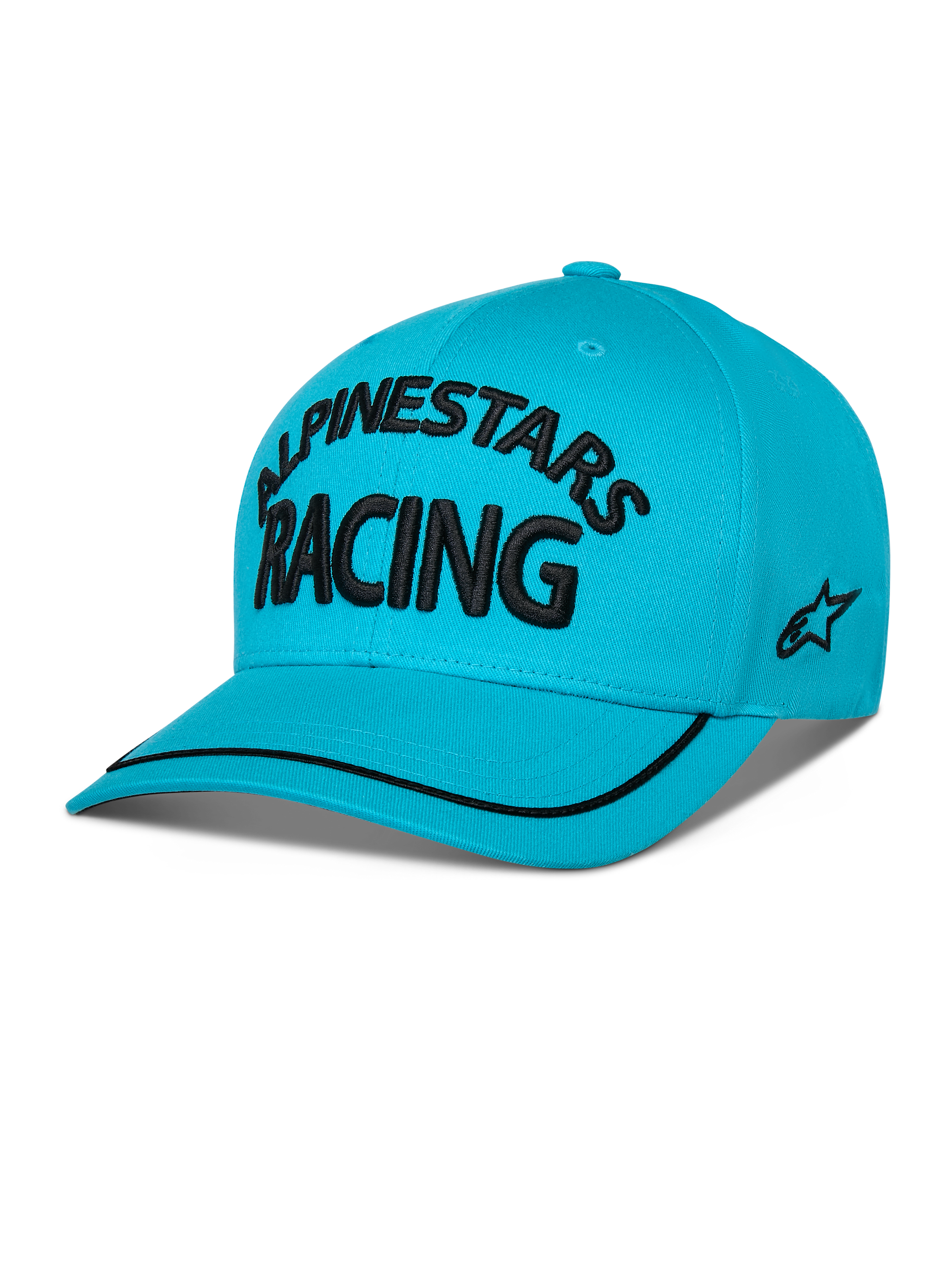 Alpinestars Luminary Hat, Curved Bill Snapback, Aqua Blue, featuring black 3D embroidered 'ALPINESTARS RACING' text, side flat embroidery logo, and black sutache trim on the bill, casual motorsport-inspired headwear.