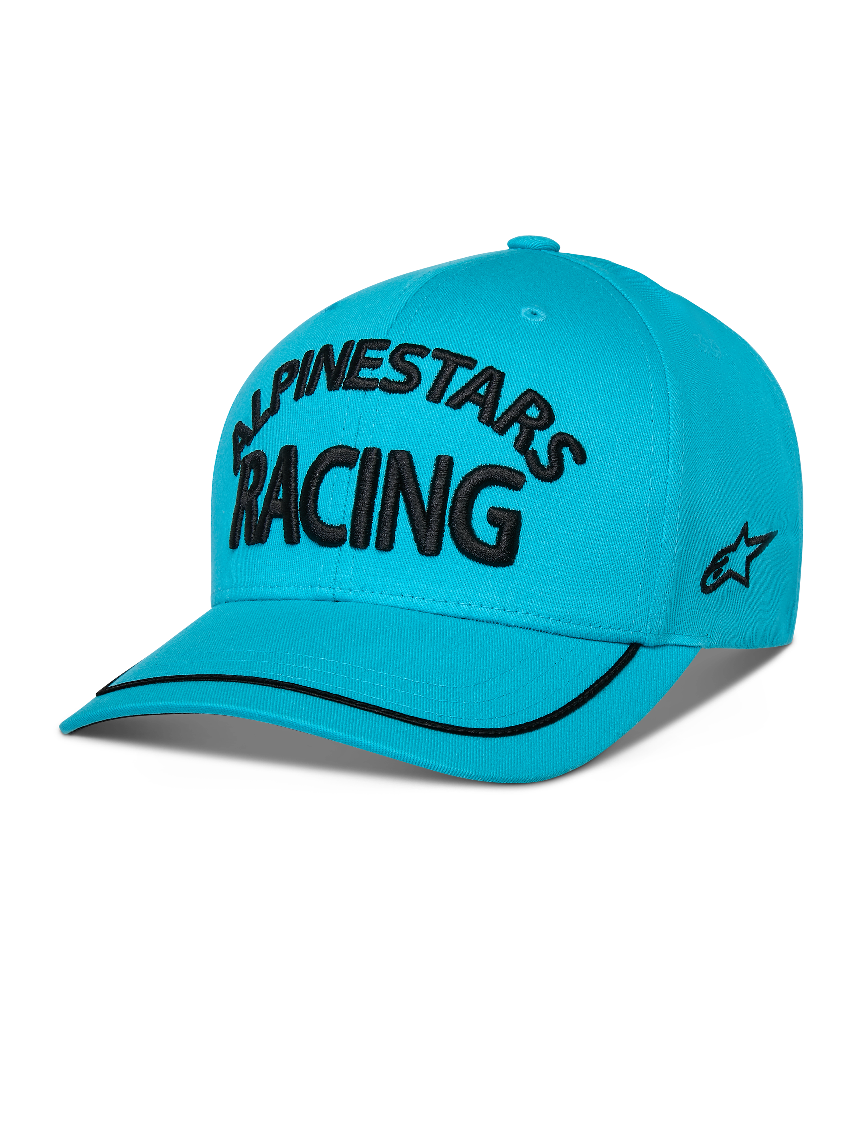 Gorra Alpinestars Luminary, snapback de visera curva en azul aqua, con texto 'ALPINESTARS RACING' bordado en 3D en negro, logo lateral bordado plano y ribete de sutache negro en la visera, accesorio casual inspirado en el motorsport.