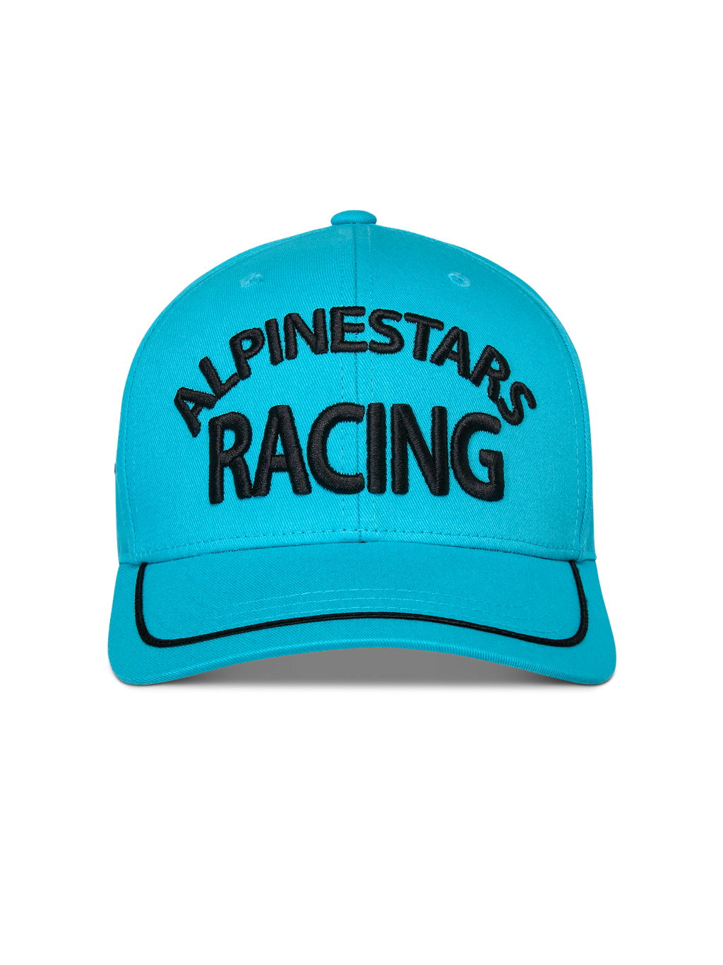 Gorra Alpinestars Luminary, Azul Aqua, vista frontal de gorra con visera curva y cierre a presión, logo Alpinestars Racing bordado en 3D en negro, ribete de sutache negro en la visera, corona estructurada, ropa deportiva casual
