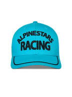 Gorra Alpinestars Luminary, Azul Aqua, vista frontal de gorra con visera curva y cierre a presión, logo Alpinestars Racing bordado en 3D en negro, ribete de sutache negro en la visera, corona estructurada, ropa deportiva casual