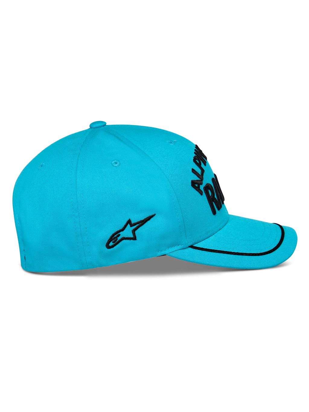 Gorra Alpinestars Luminary, azul aqua, vista lateral, visera curva con ribete de sutache negro, logo bordado plano negro en el lateral, corona estructurada, gorra casual de estilo motorsport