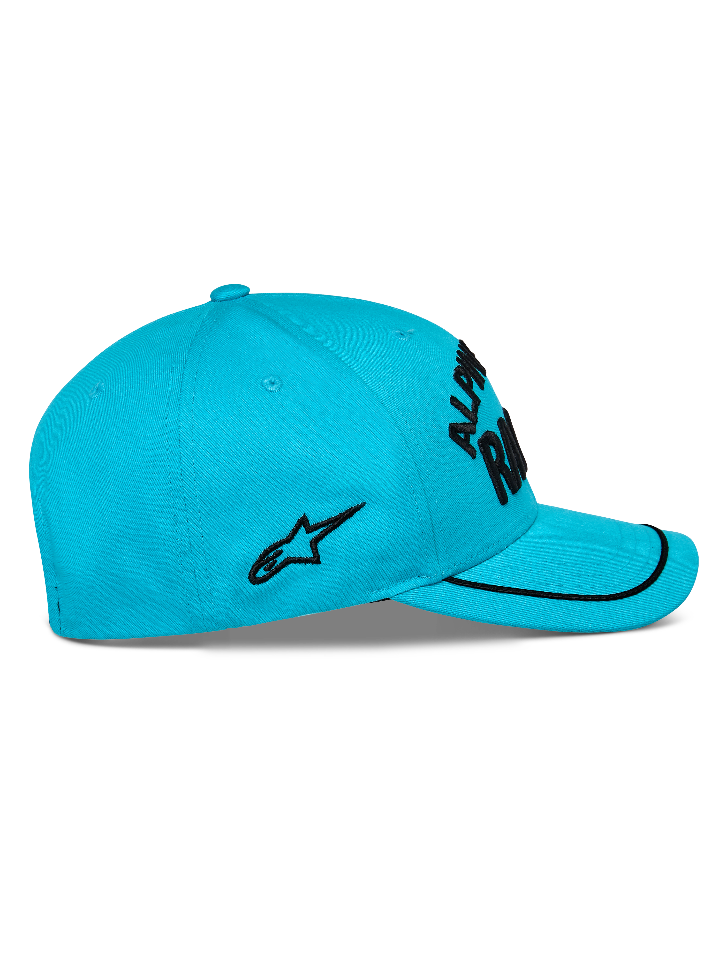 Gorra Alpinestars Luminary, azul aqua, vista lateral, visera curva con ribete de sutache negro, logo bordado plano negro en el lateral, corona estructurada, gorra casual de estilo motorsport