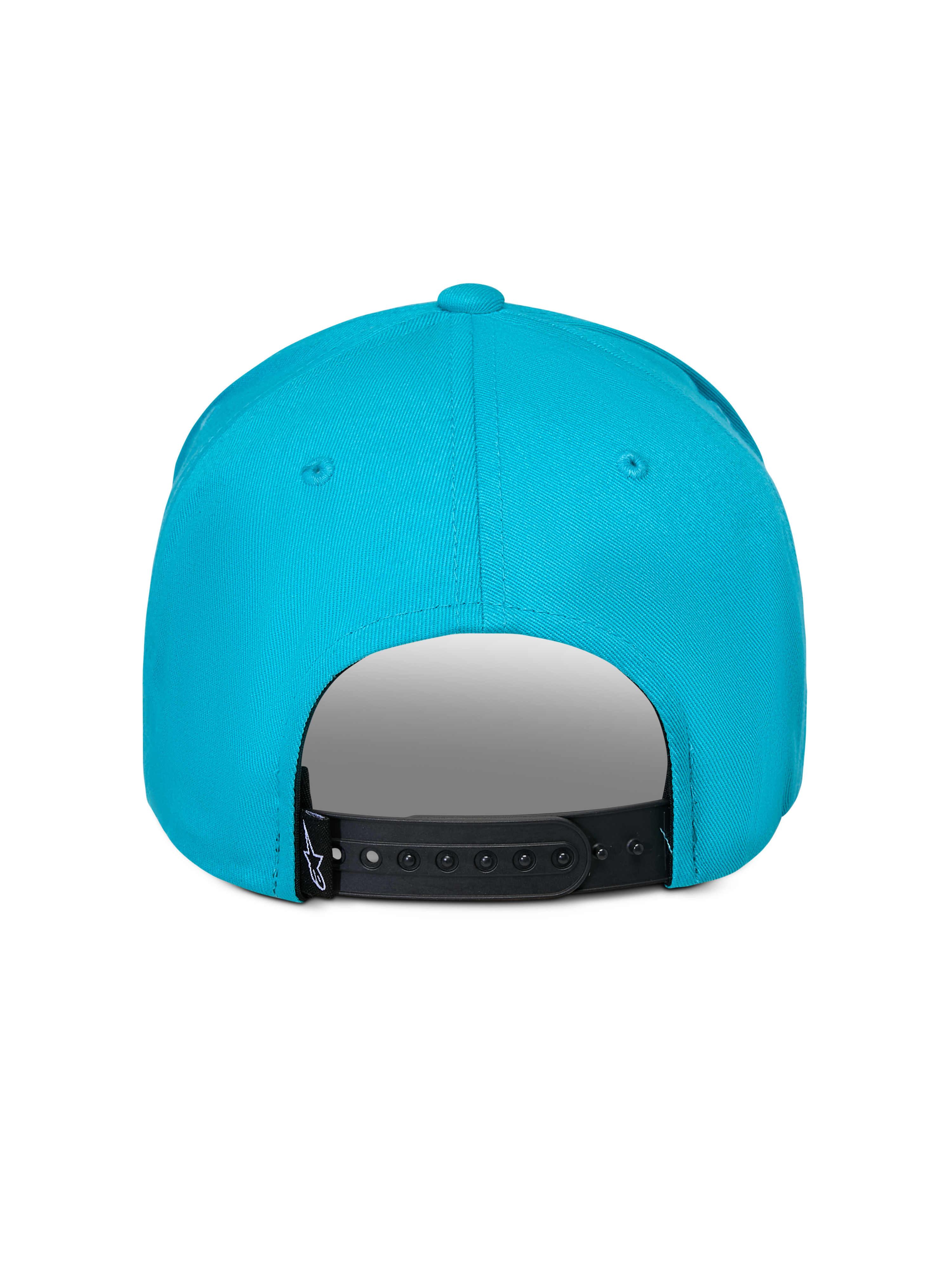 Gorra Alpinestars Luminary, azul aqua, vista trasera con cierre a presión ajustable en color negro, pequeña etiqueta negra con logo, sarga de 100% algodón, accesorio deportivo casual.