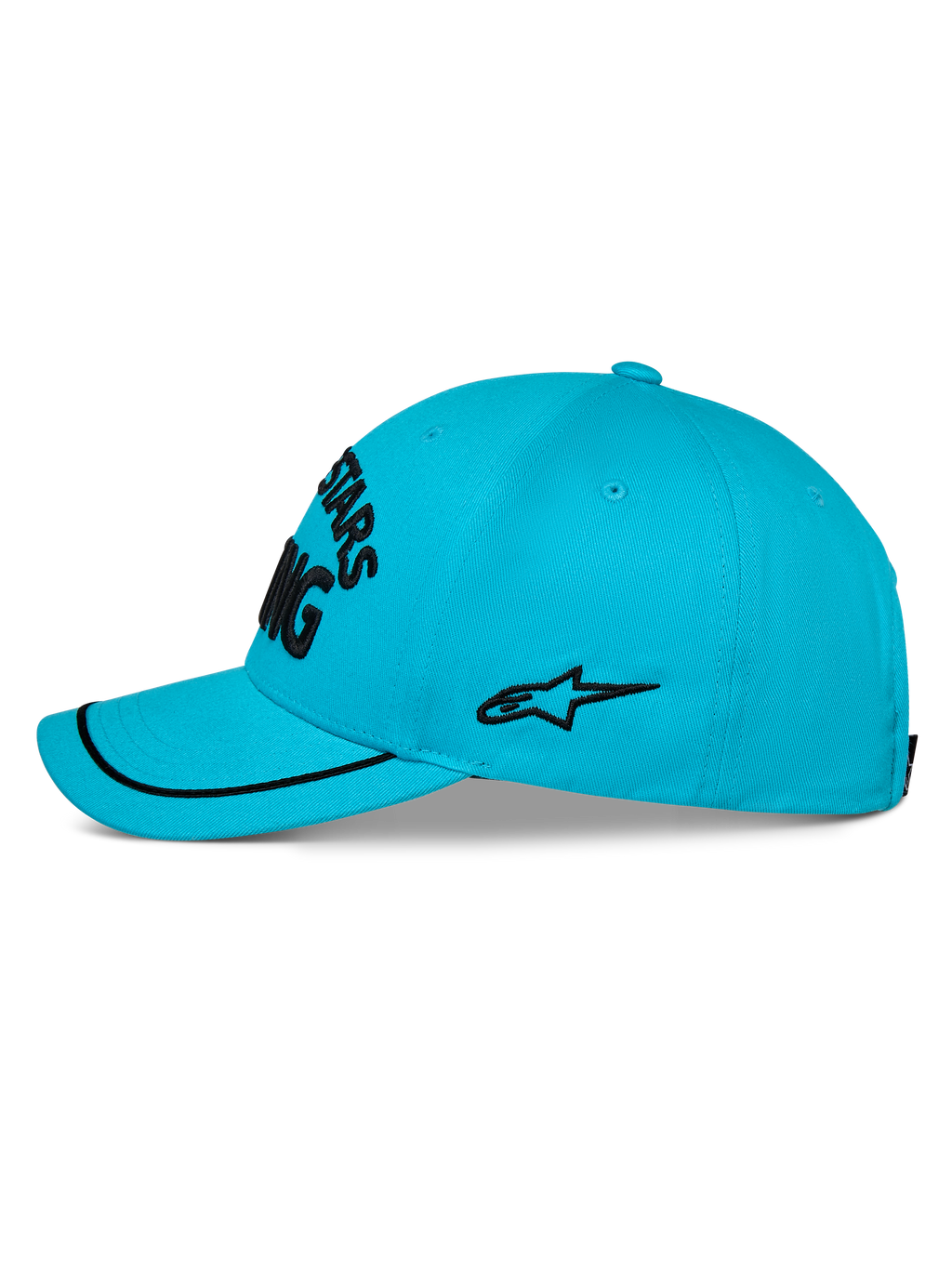 Gorra Alpinestars Luminary, gorra de béisbol en color azul aqua, vista de perfil lateral, visera curva con ribete de sutache negro, logo lateral bordado en negro, corona estructurada, ropa deportiva casual
