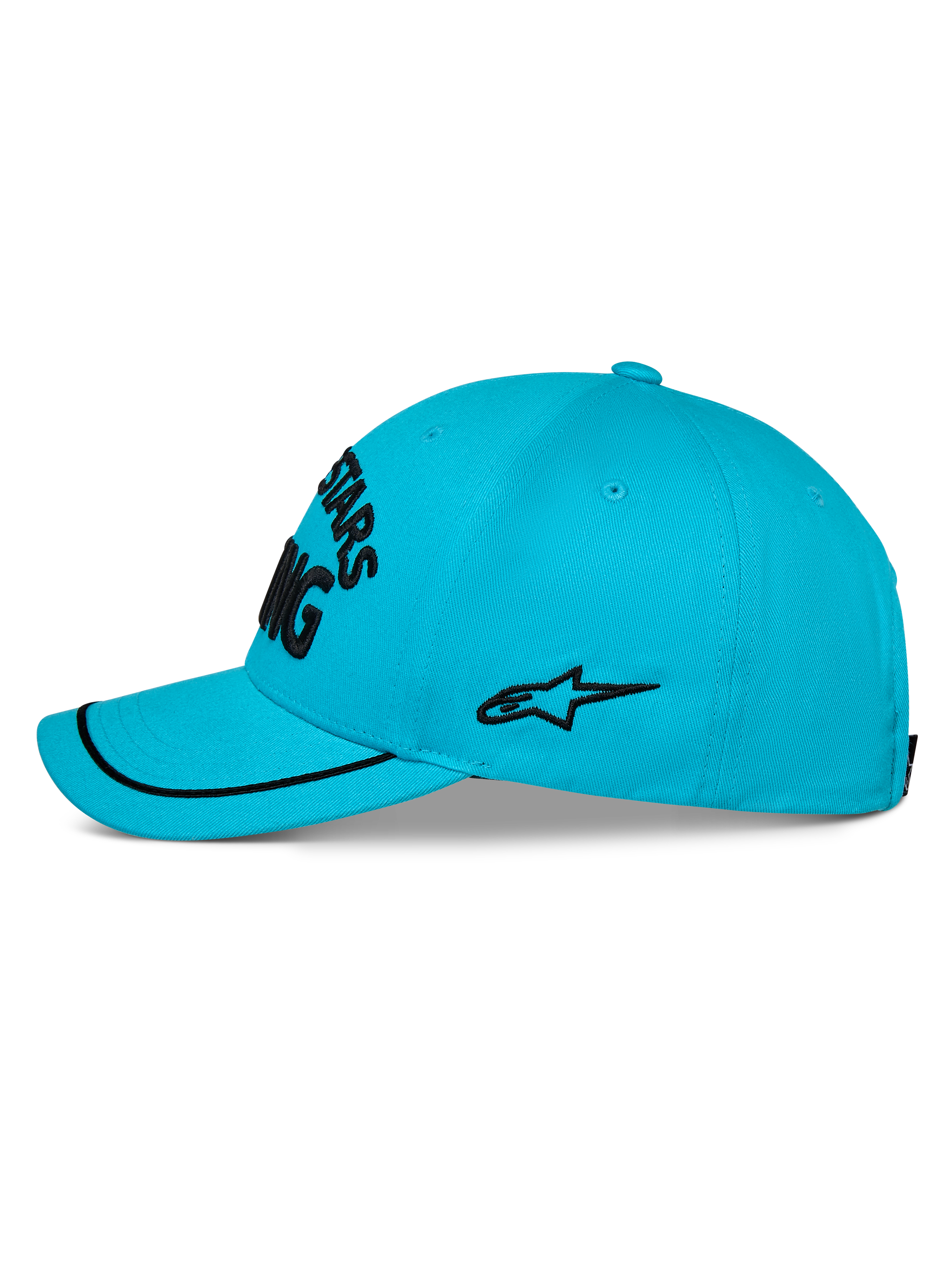Gorra Alpinestars Luminary, gorra de béisbol en color azul aqua, vista de perfil lateral, visera curva con ribete de sutache negro, logo lateral bordado en negro, corona estructurada, ropa deportiva casual