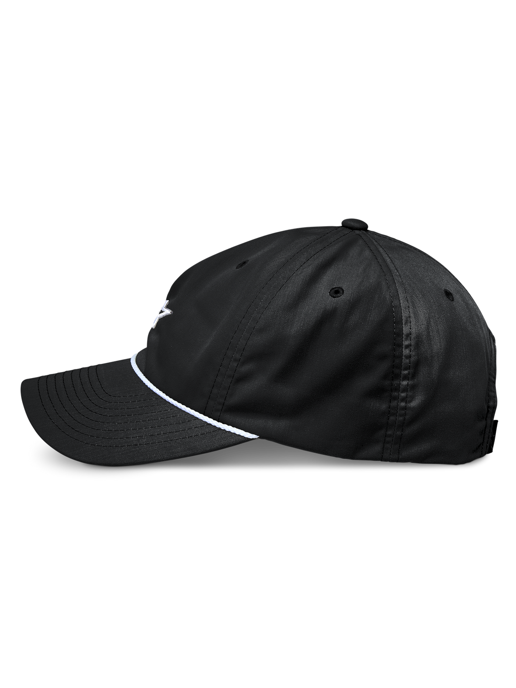 Alpinestars Tyler Hat, black snapback baseball cap, side profile view, featuring a curved bill and white braided rope trim, unstructured low crown, made from recycled twill, casual motorsport-inspired design