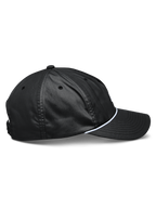 Alpinestars Tyler Hat, Black snapback hat shown from the side, curved bill, white braided rope trim, unstructured low crown, recycled polyester twill, casual sportswear