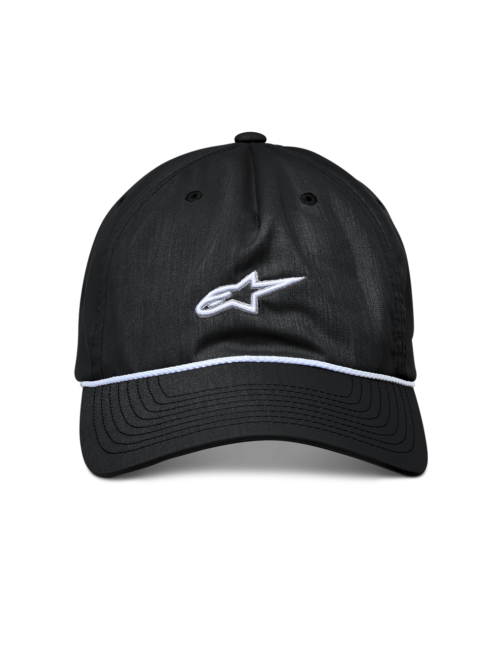 Alpinestars Tyler Hat, Black Snapback Hat, Curved Bill with White Braided Rope Trim, White Embroidered Astars Logo, Casual Sportswear